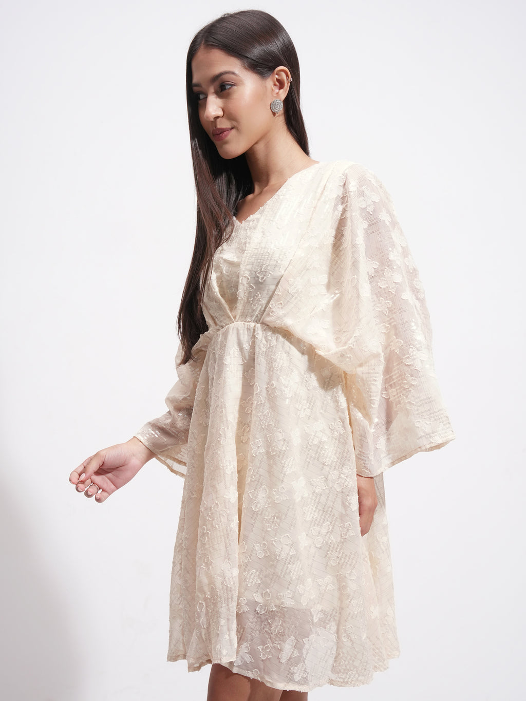 Tokyo Talkies Women Cream Self Design A-Line Dress - Cream - Image 4