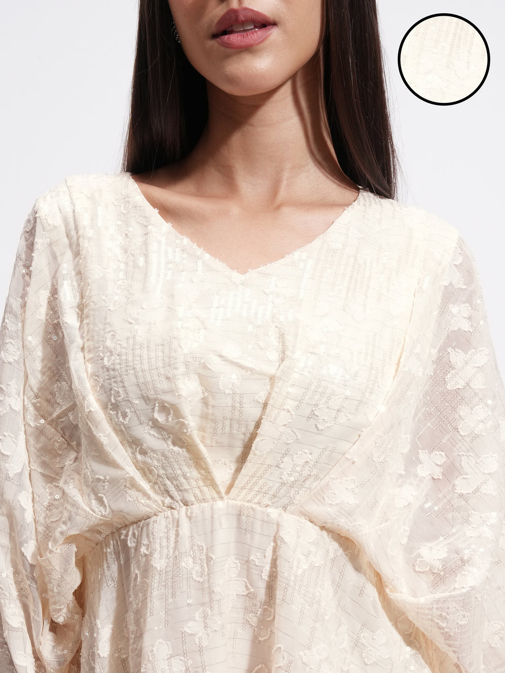 Tokyo Talkies Women Cream Self Design A-Line Dress - Cream - Image 5