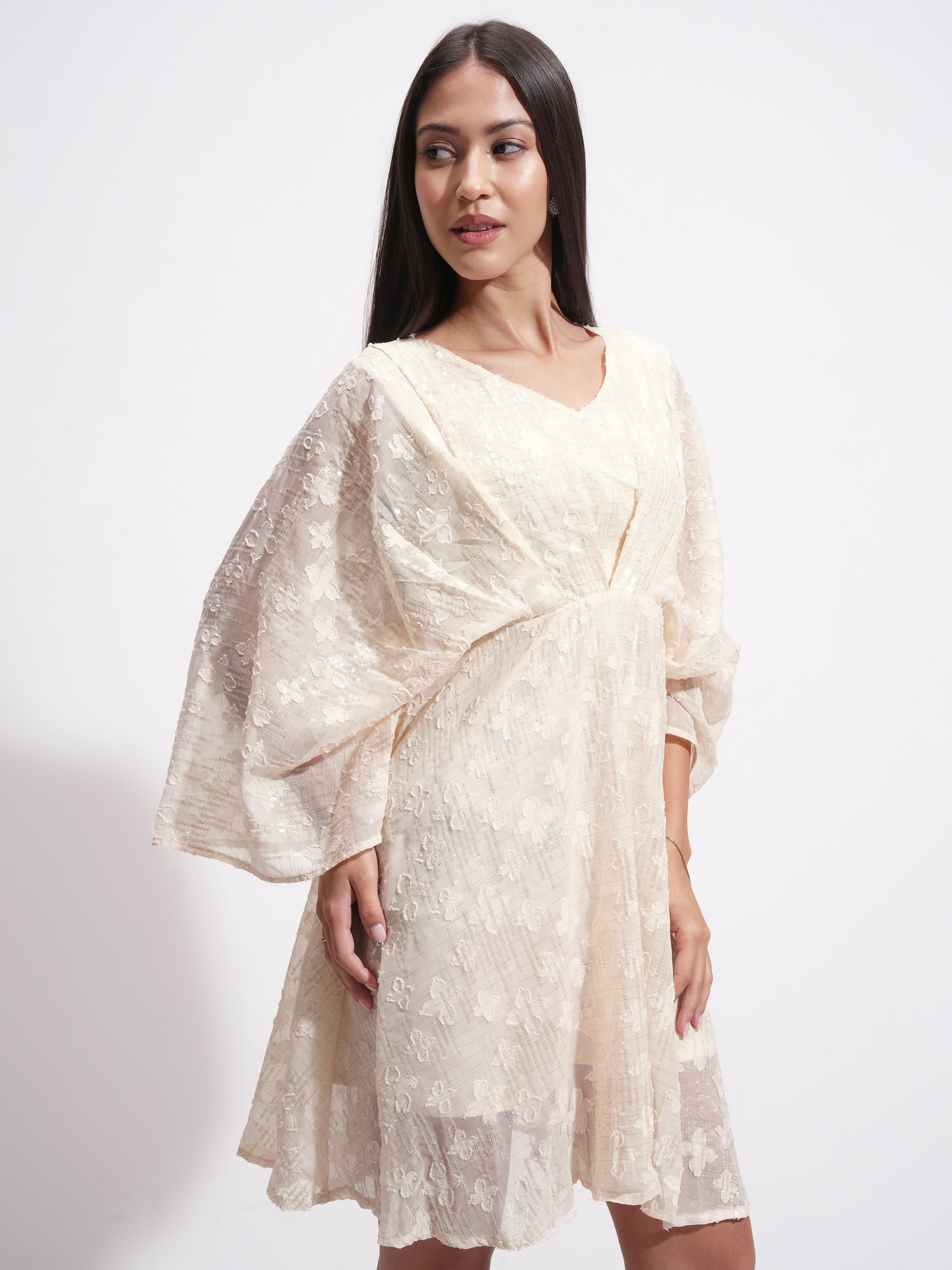 Tokyo Talkies Women Cream Self Design A-Line Dress - Cream - Image 6