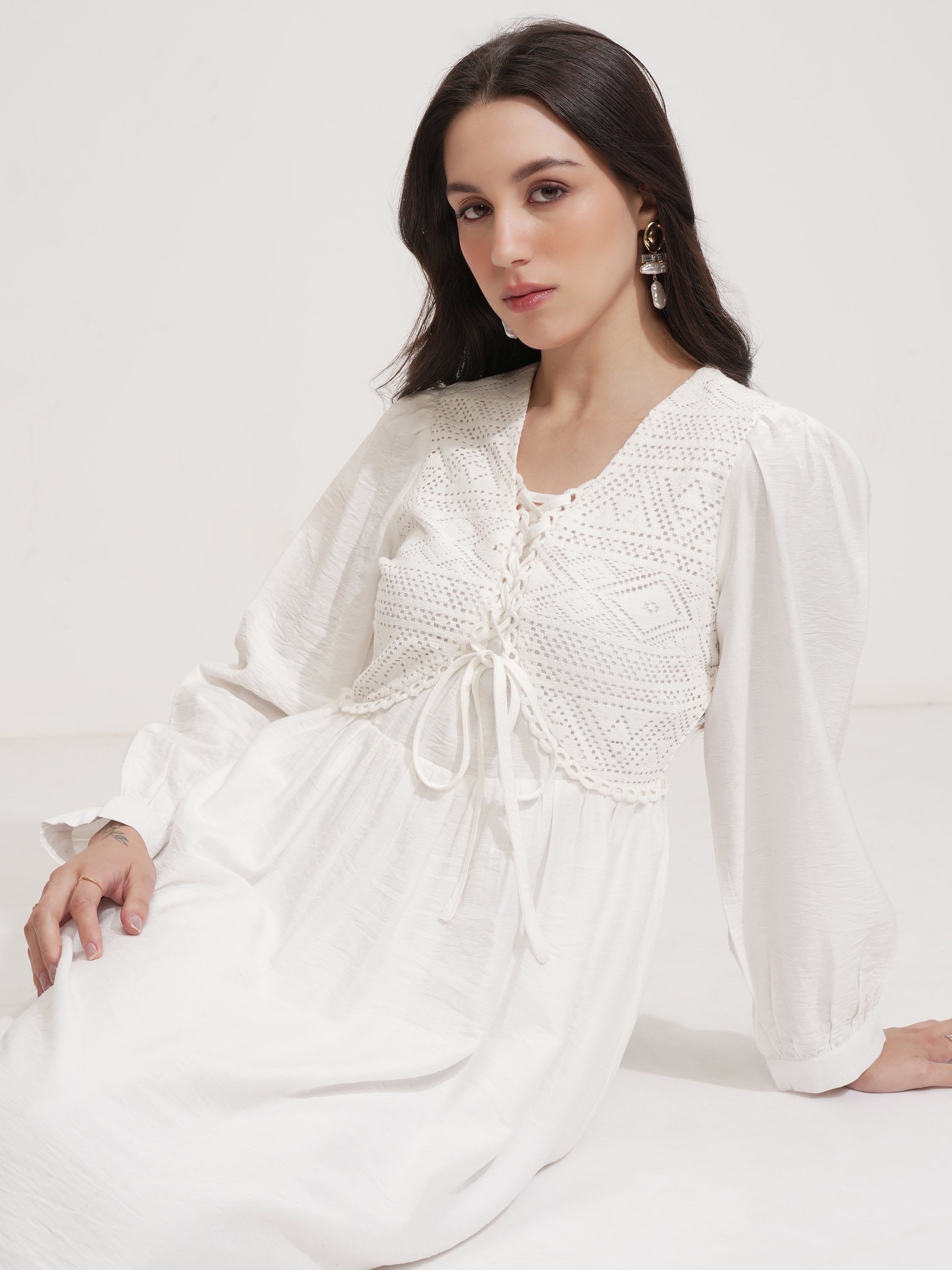ESPYR By Tokyo Talkies Women White Self Design Fit and Flare Dress - White - Image 1