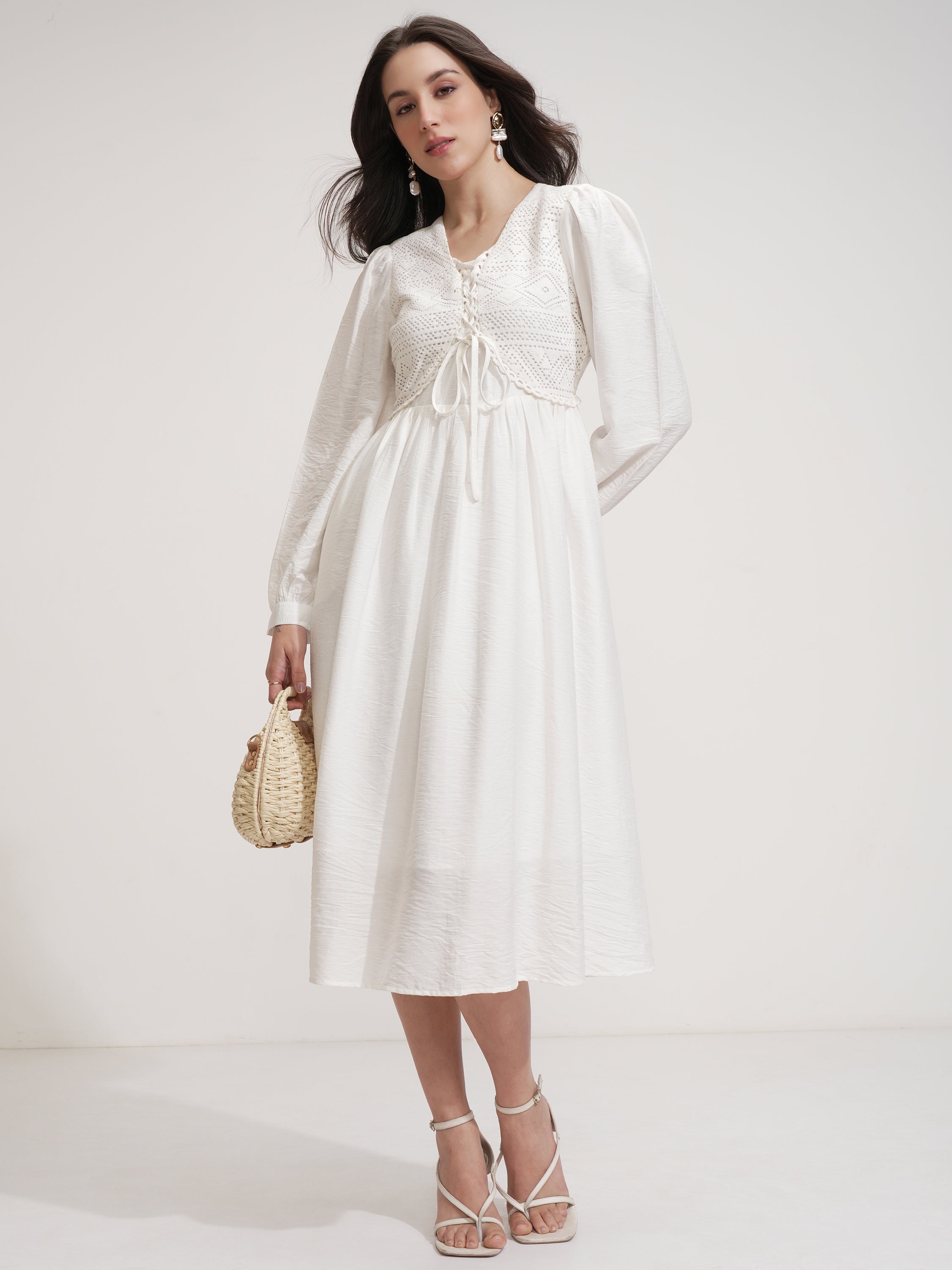 ESPYR By Tokyo Talkies Women White Self Design Fit and Flare Dress - White - Image 2