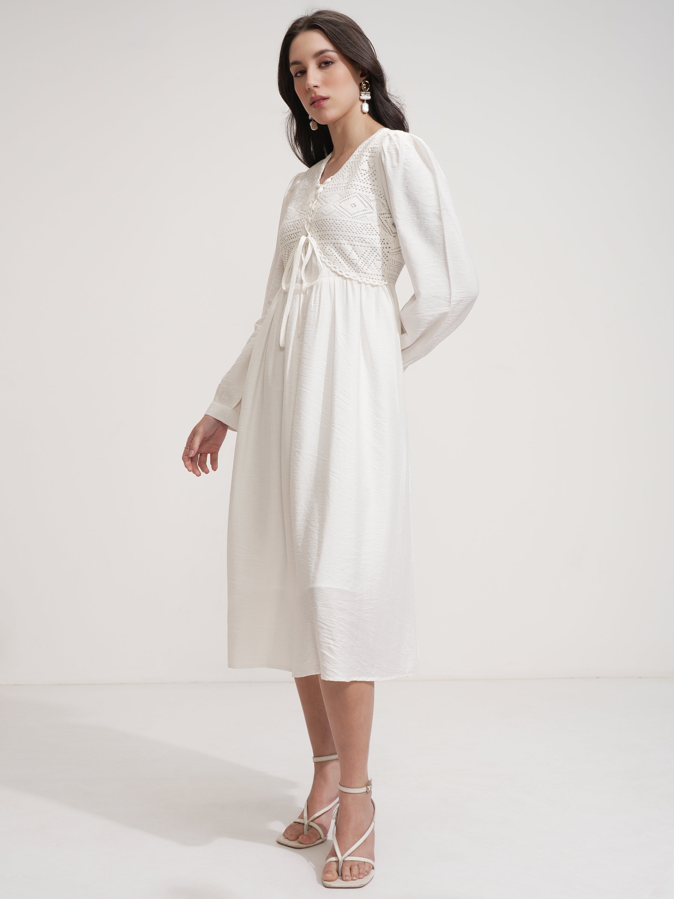 ESPYR By Tokyo Talkies Women White Self Design Fit and Flare Dress - White - Image 4