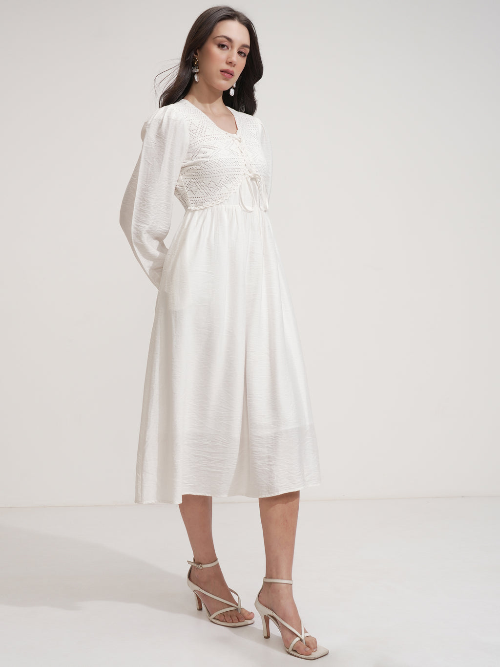 ESPYR By Tokyo Talkies Women White Self Design Fit and Flare Dress - White - Image 6