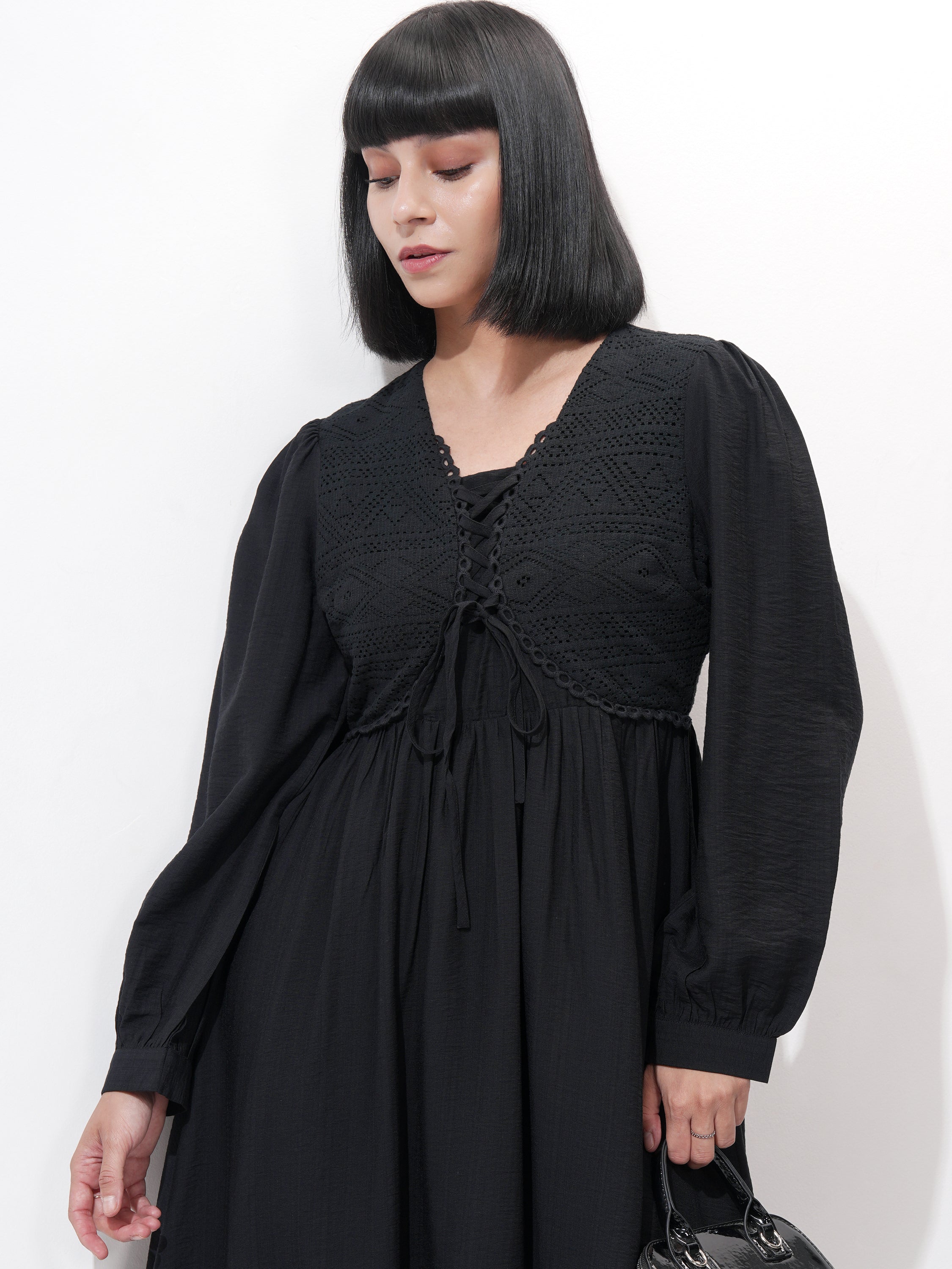 ESPYR By Tokyo Talkies Women Black Self Design Fit and Flare Dress - Black - Image 1