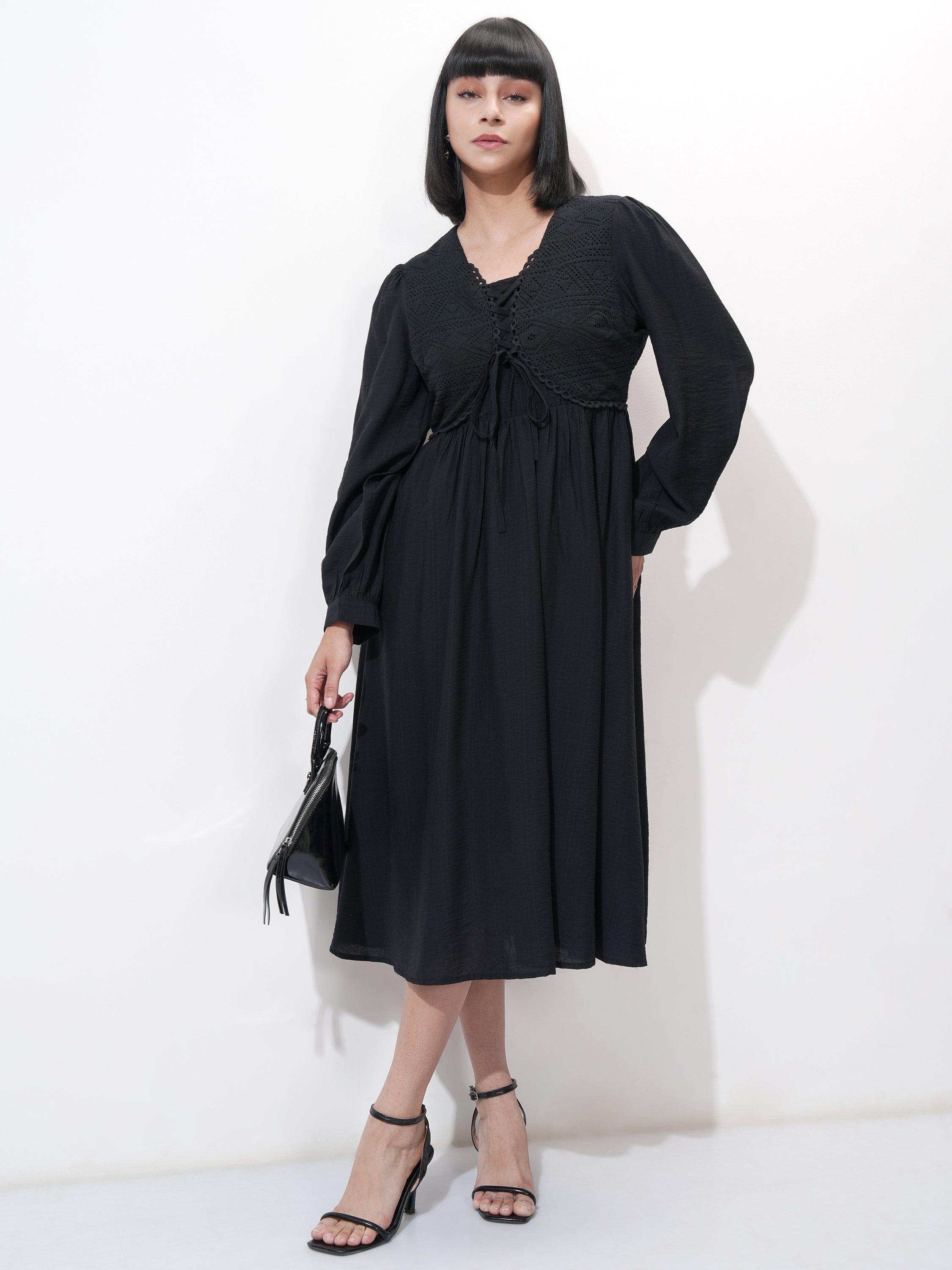 ESPYR By Tokyo Talkies Women Black Self Design Fit and Flare Dress - Black - Image 2