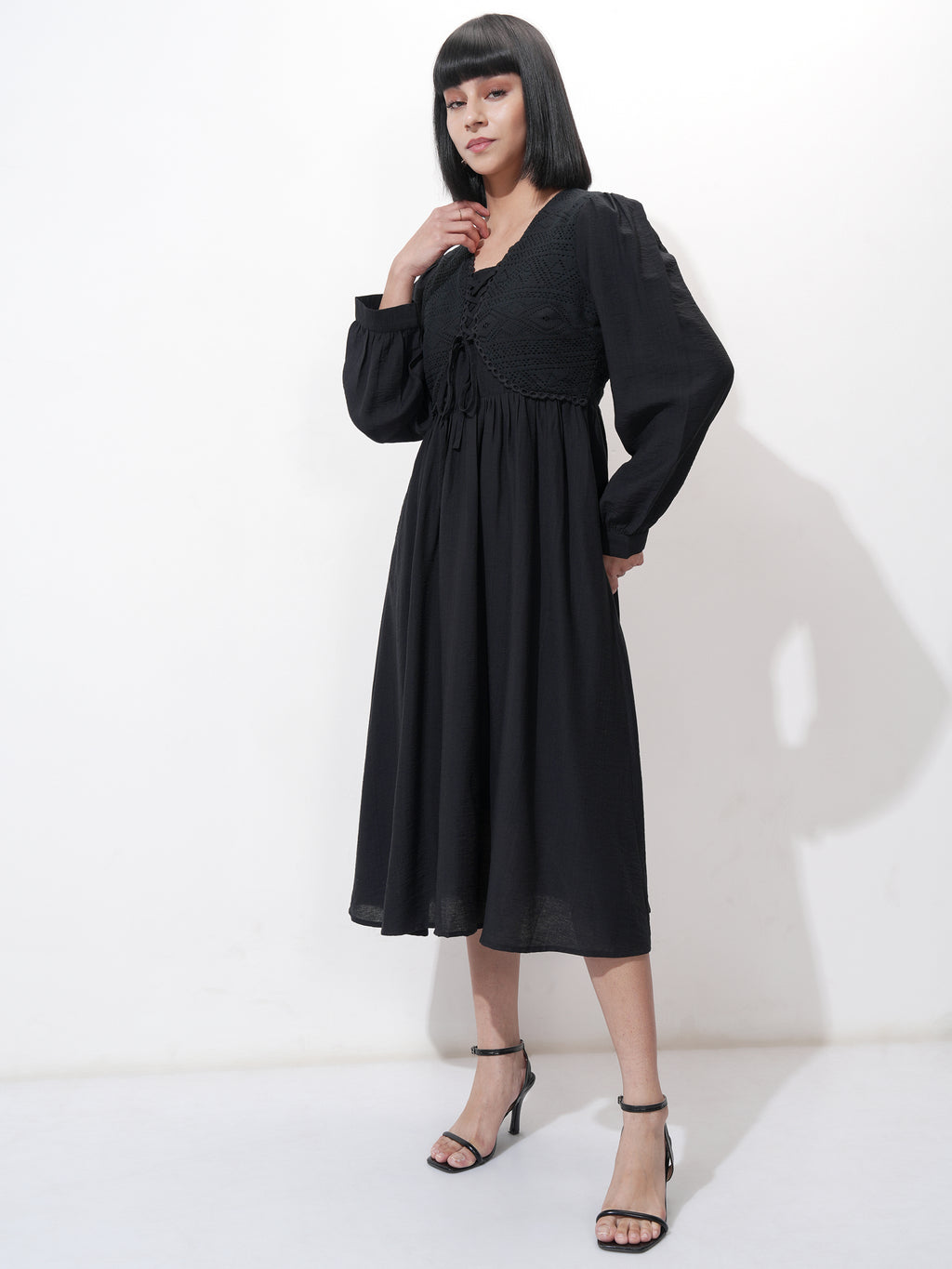 ESPYR By Tokyo Talkies Women Black Self Design Fit and Flare Dress - Black - Image 4