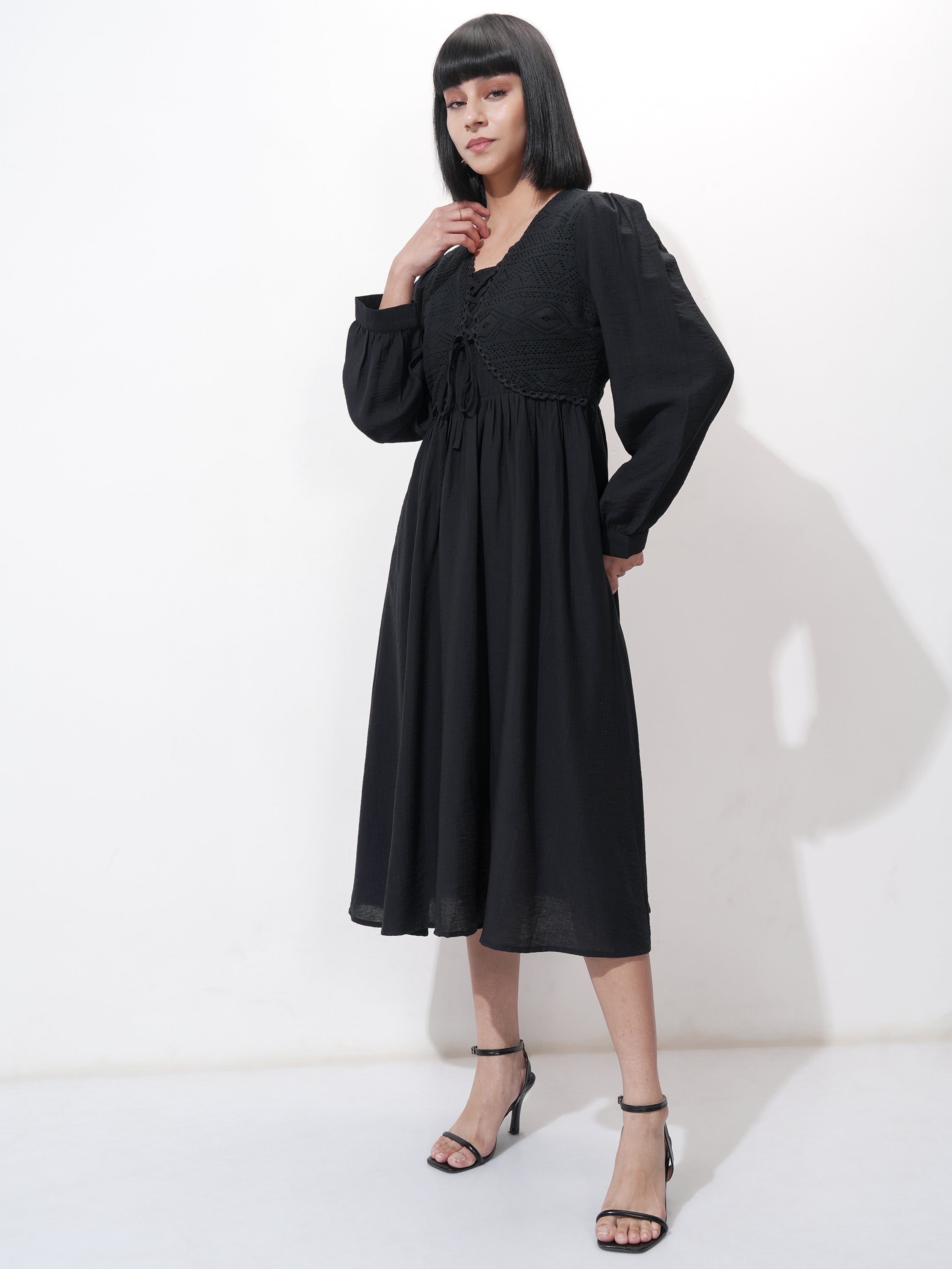 ESPYR By Tokyo Talkies Women Black Self Design Fit and Flare Dress - Black - Image 4