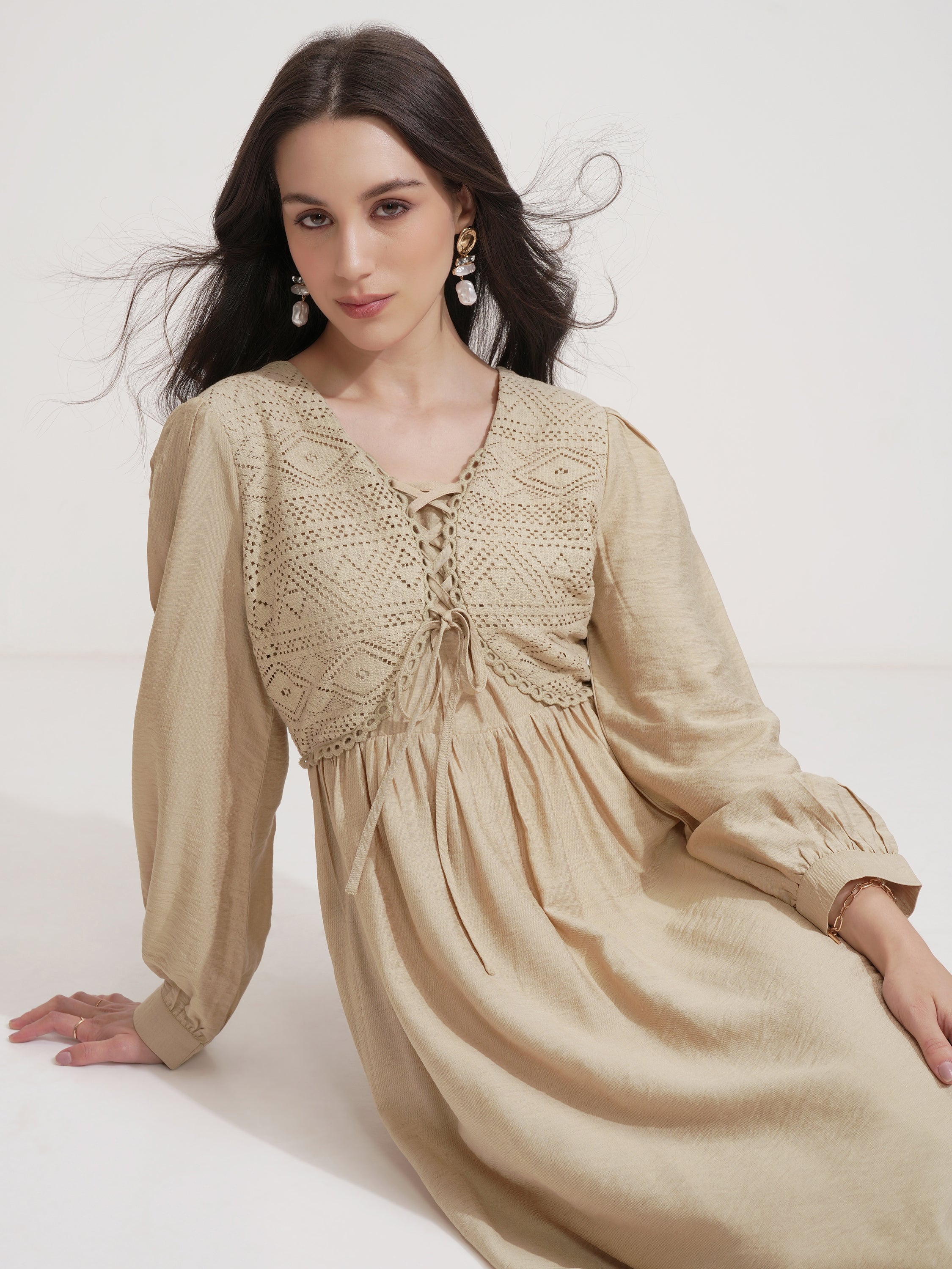 ESPYR By Tokyo Talkies Women Beige Self Design Fit and Flare Dress - Beige - Image 1