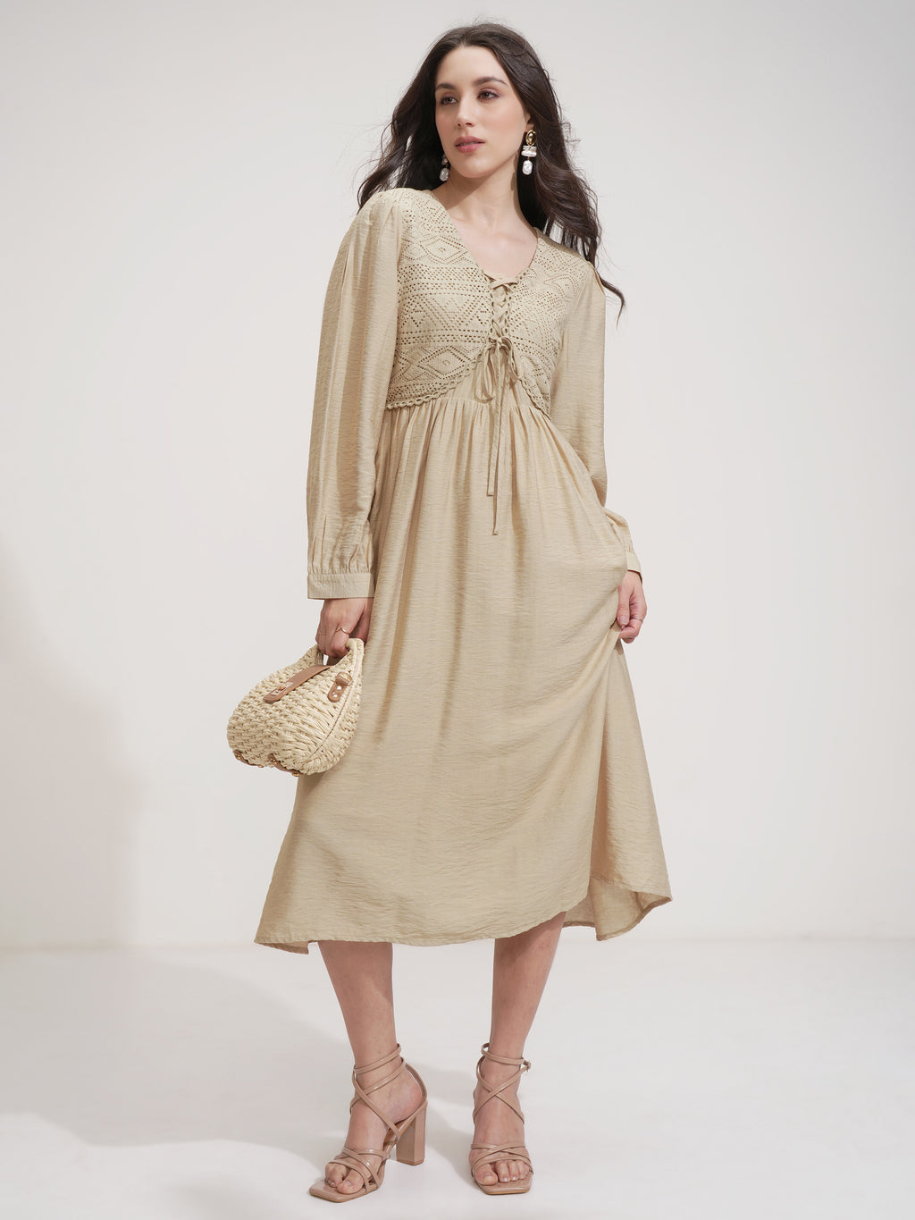 ESPYR By Tokyo Talkies Women Beige Self Design Fit and Flare Dress - Beige - Image 2