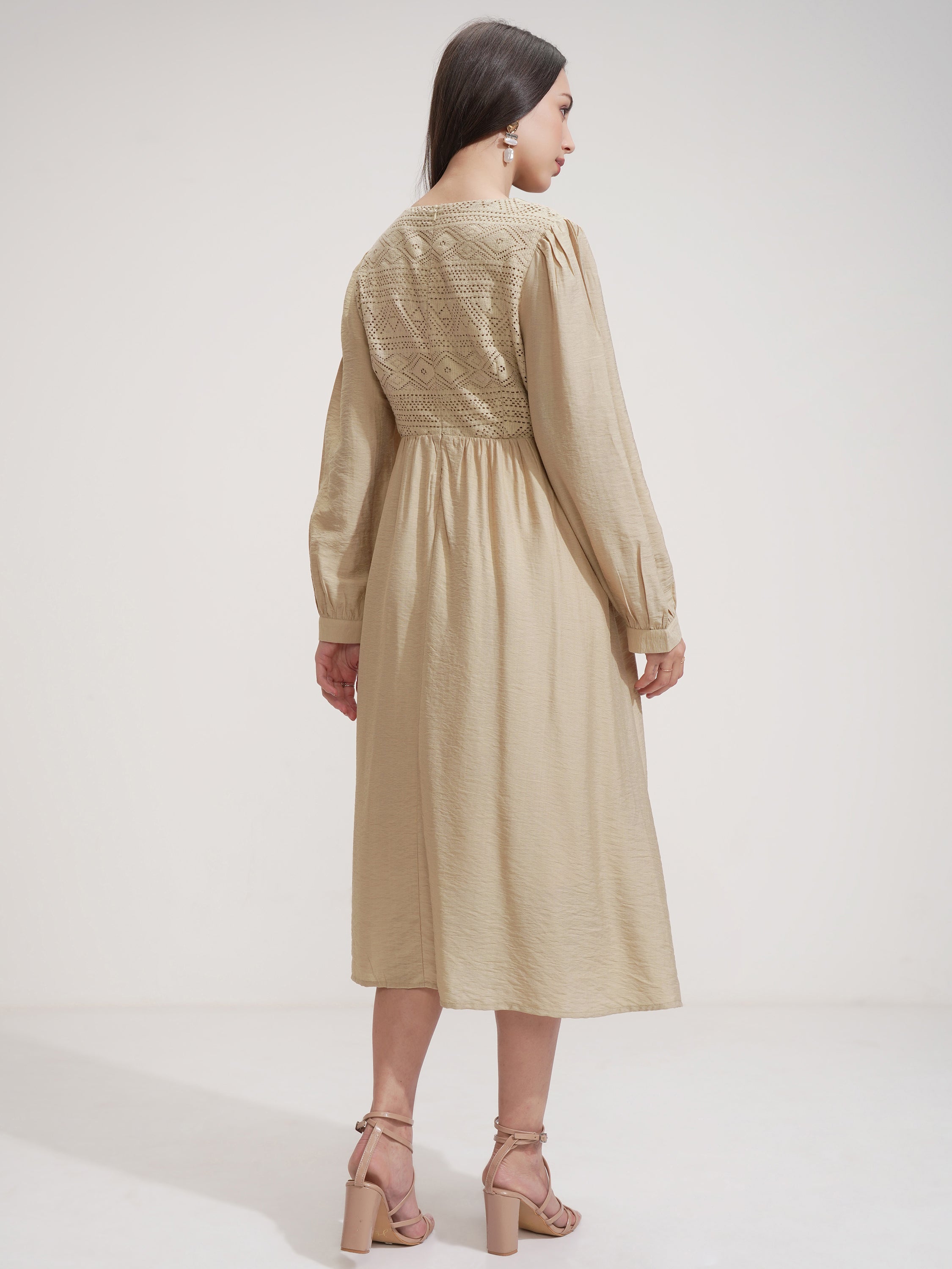 ESPYR By Tokyo Talkies Women Beige Self Design Fit and Flare Dress - Beige - Image 3