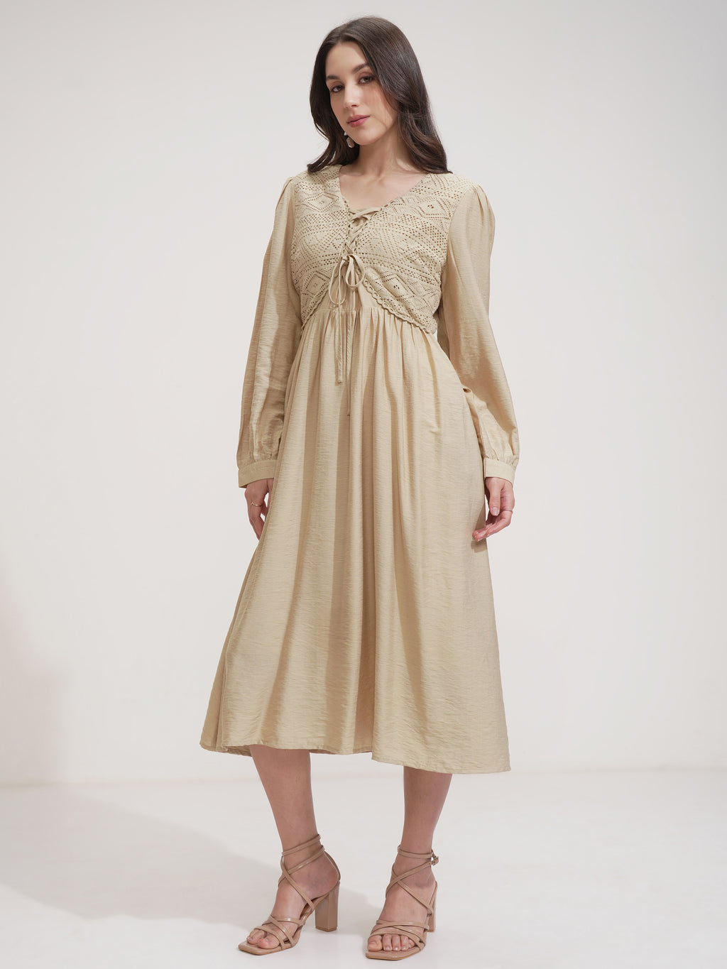 ESPYR By Tokyo Talkies Women Beige Self Design Fit and Flare Dress - Beige - Image 4