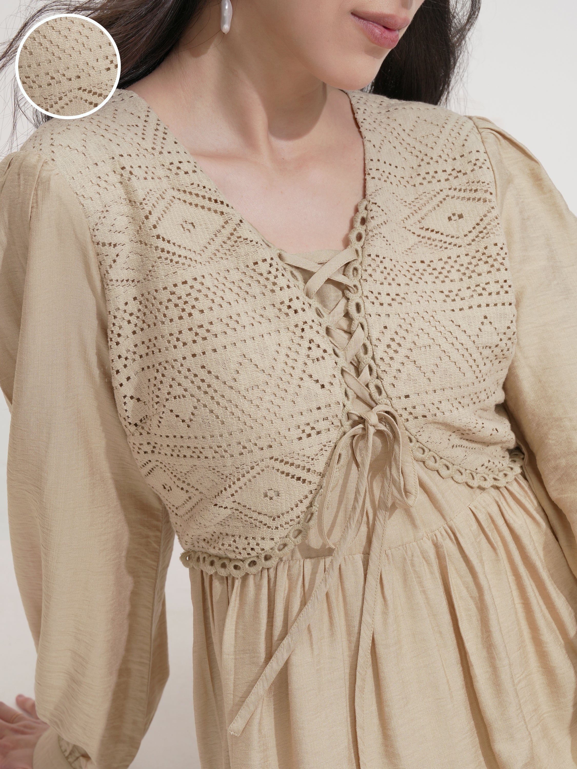 ESPYR By Tokyo Talkies Women Beige Self Design Fit and Flare Dress - Beige - Image 5