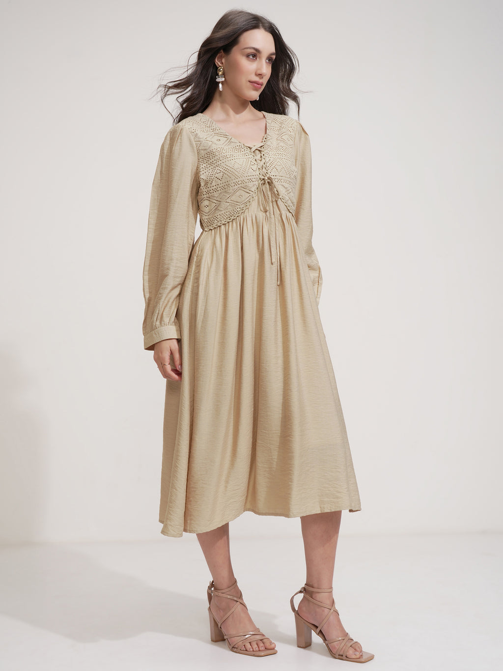 ESPYR By Tokyo Talkies Women Beige Self Design Fit and Flare Dress - Beige - Image 6