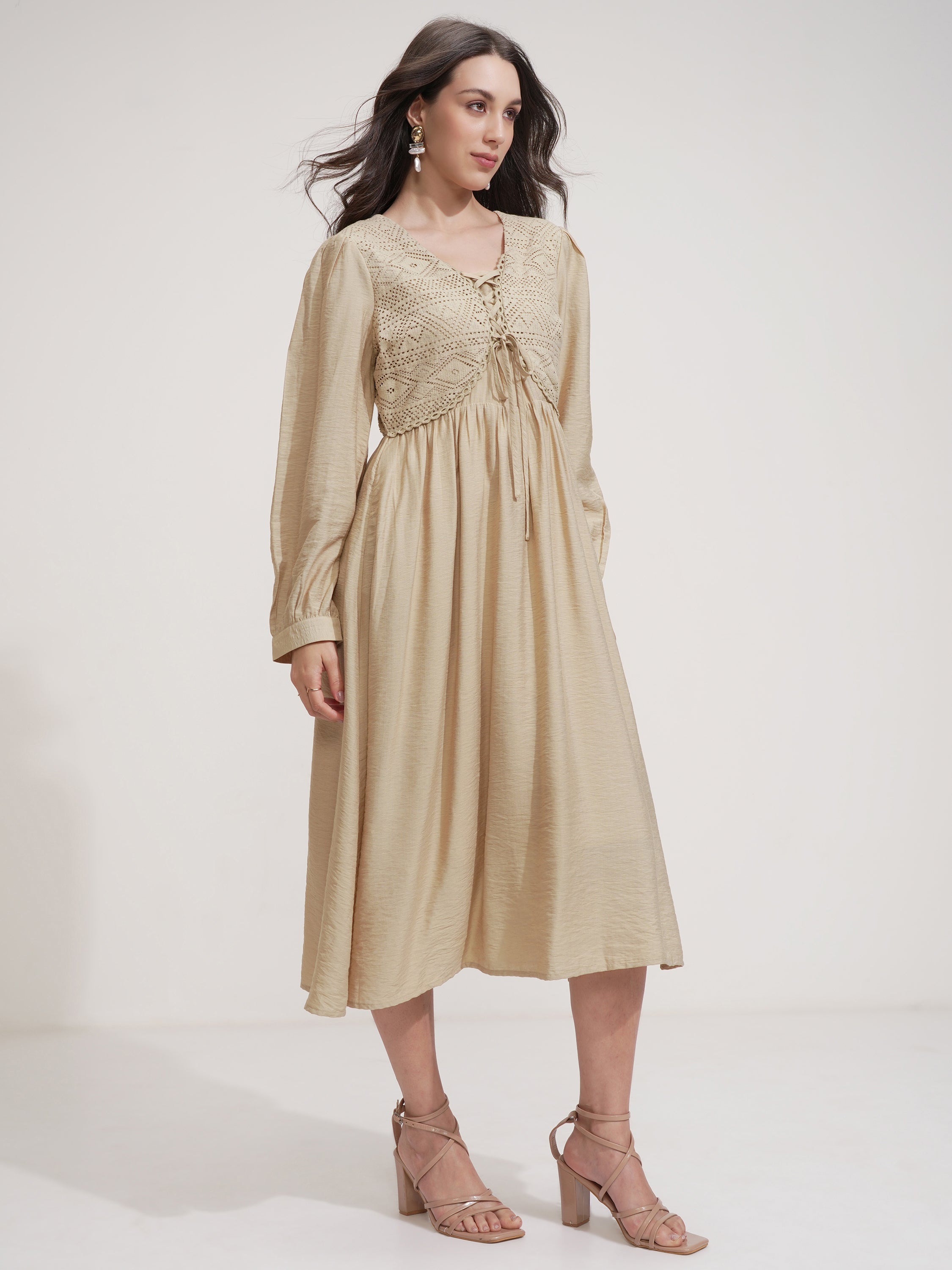 ESPYR By Tokyo Talkies Women Beige Self Design Fit and Flare Dress - Beige - Image 6