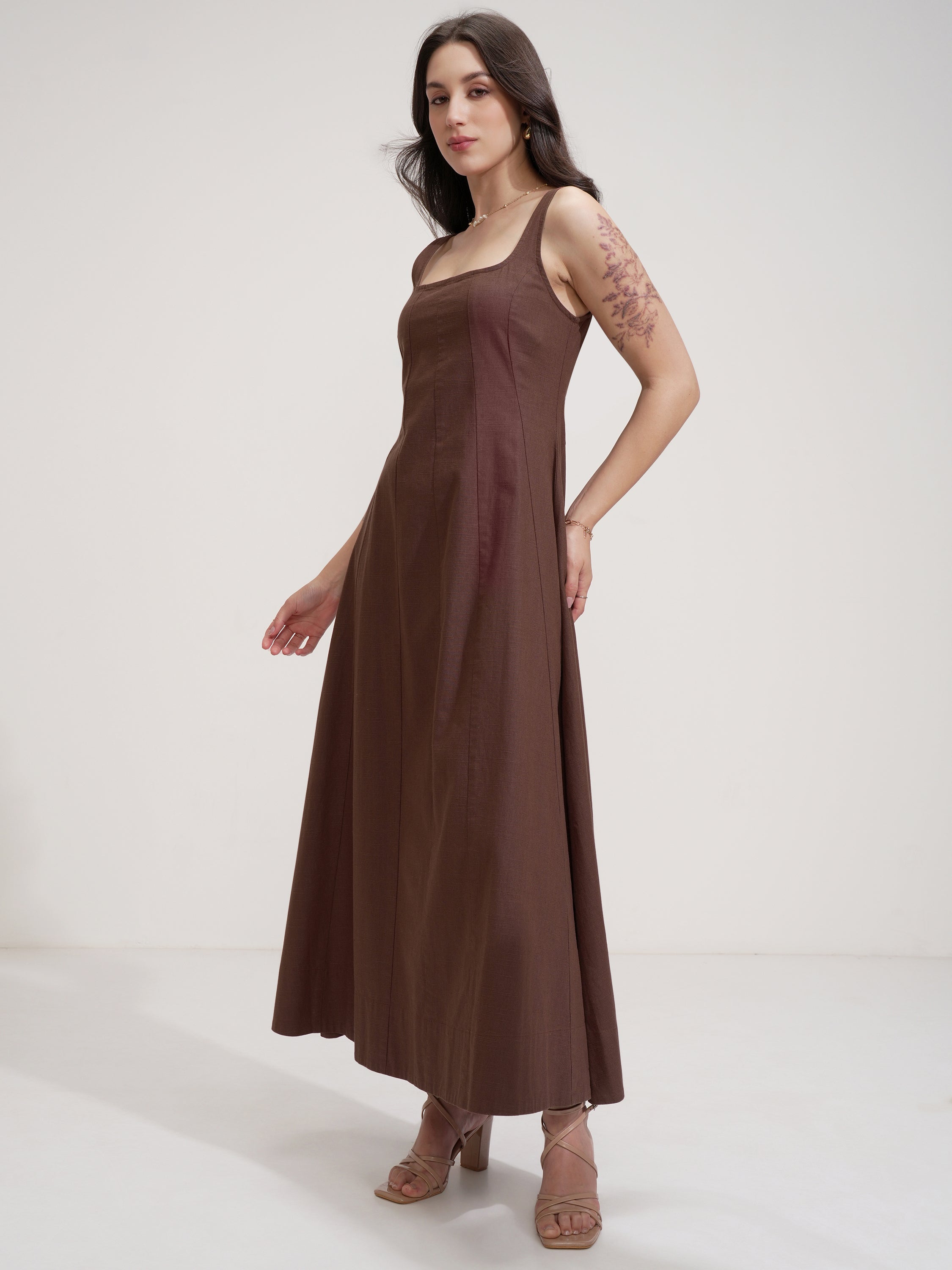 Tokyo Talkies Women Brown Solid Maxi Dress - Brown - Image 4