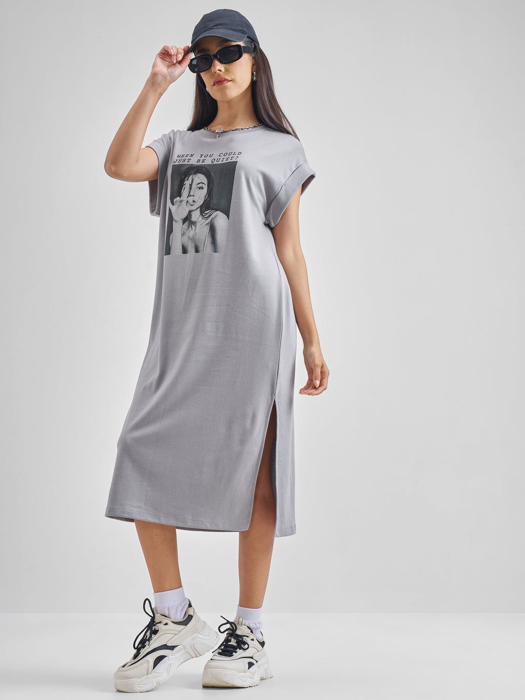 ESPYR By Tokyo Talkies Women Grey Printed T-shirt Dress - Grey - Image 2