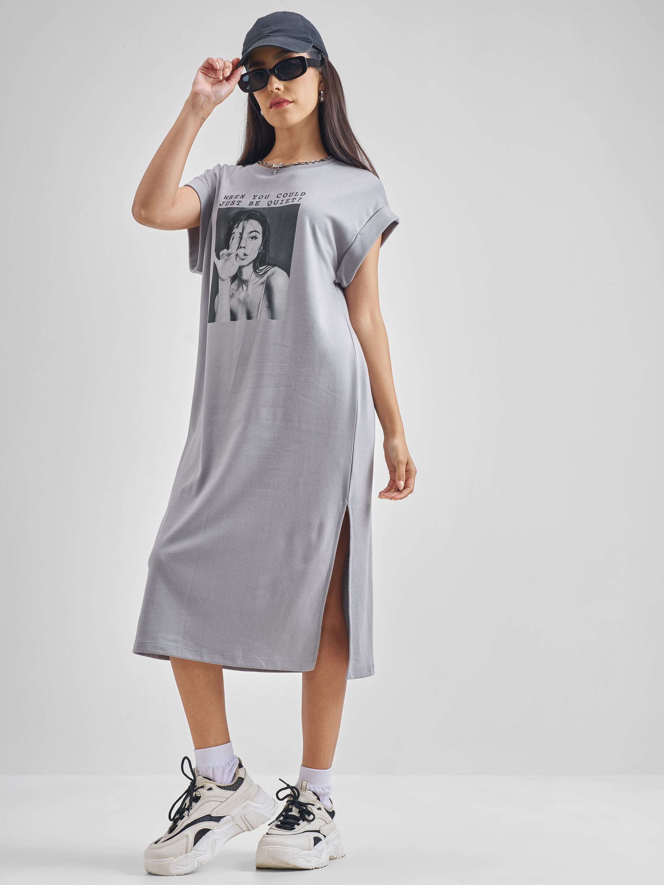 ESPYR By Tokyo Talkies Women Grey Printed T-shirt Dress - Grey - Image 2