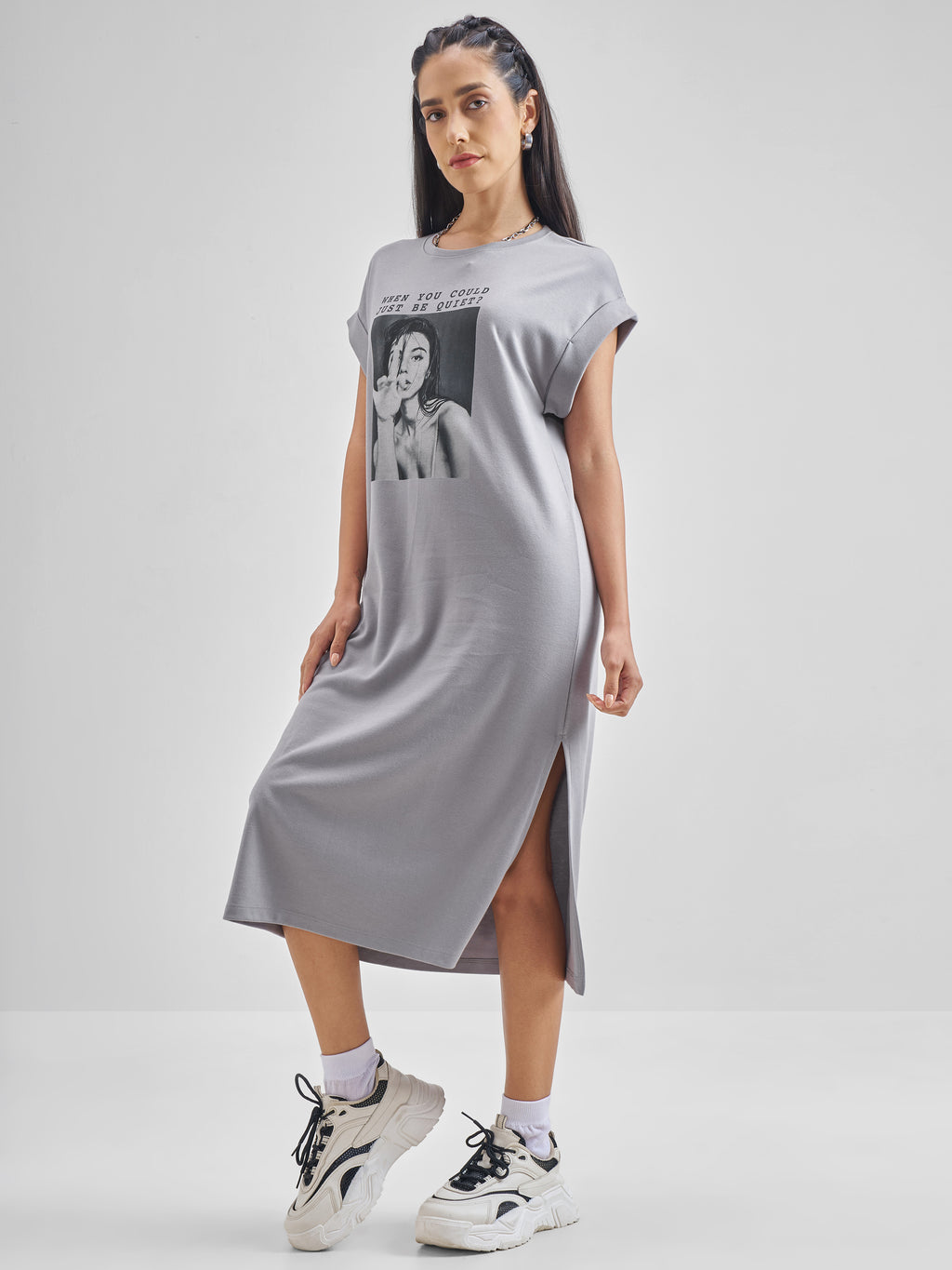 ESPYR By Tokyo Talkies Women Grey Printed T-shirt Dress - Grey - Image 4