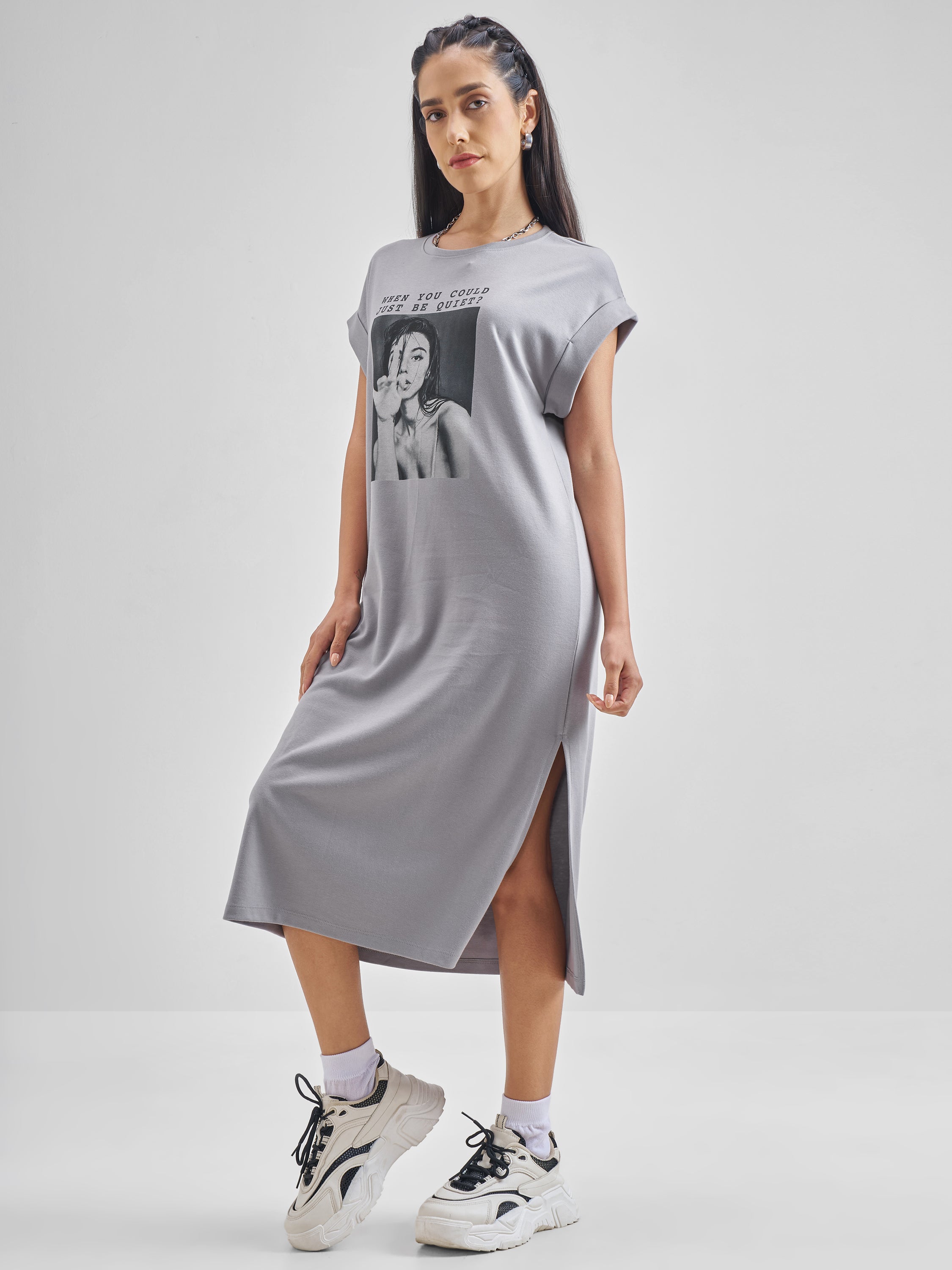 ESPYR By Tokyo Talkies Women Grey Printed T-shirt Dress - Grey - Image 4