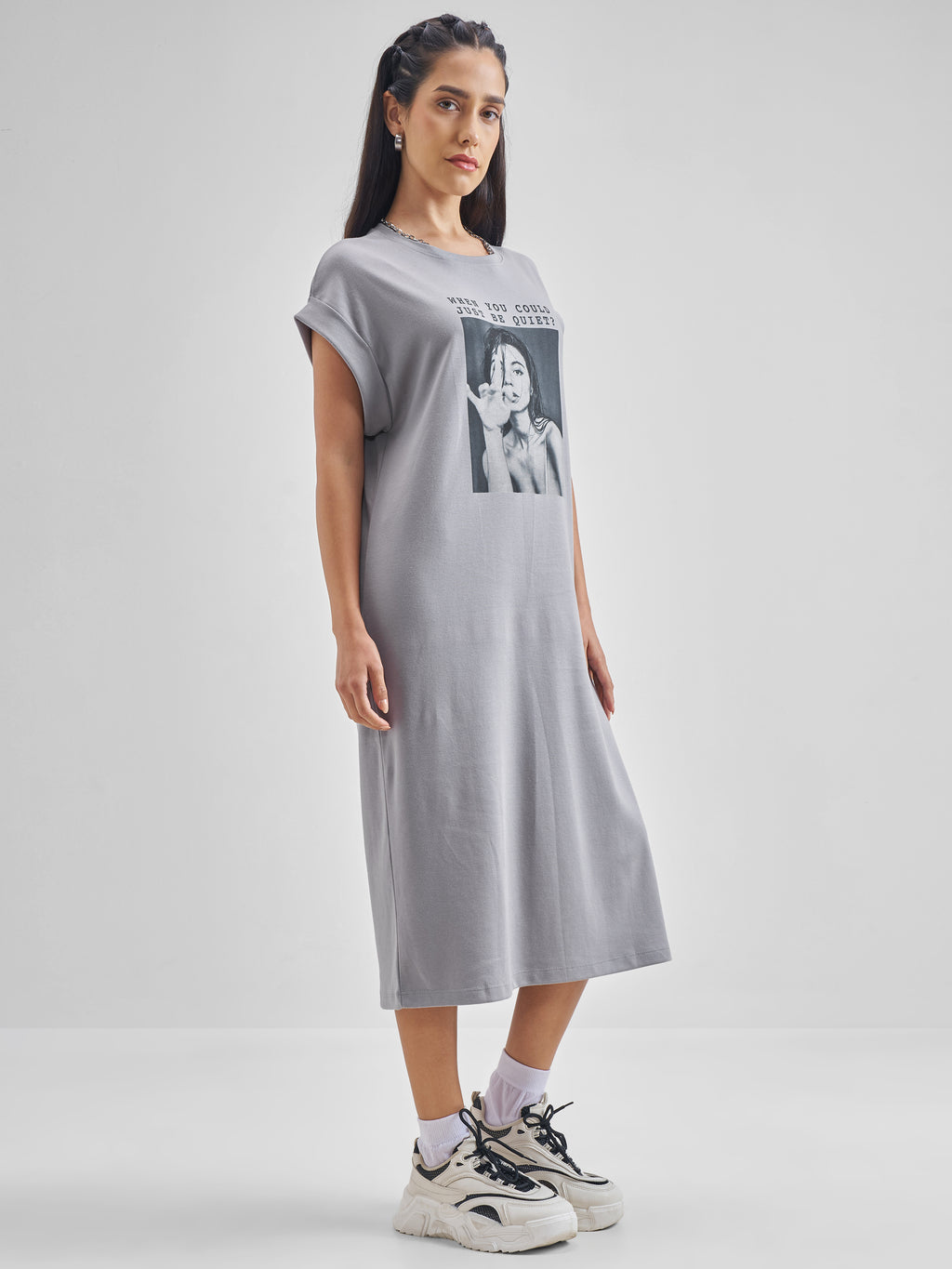 ESPYR By Tokyo Talkies Women Grey Printed T-shirt Dress - Grey - Image 6