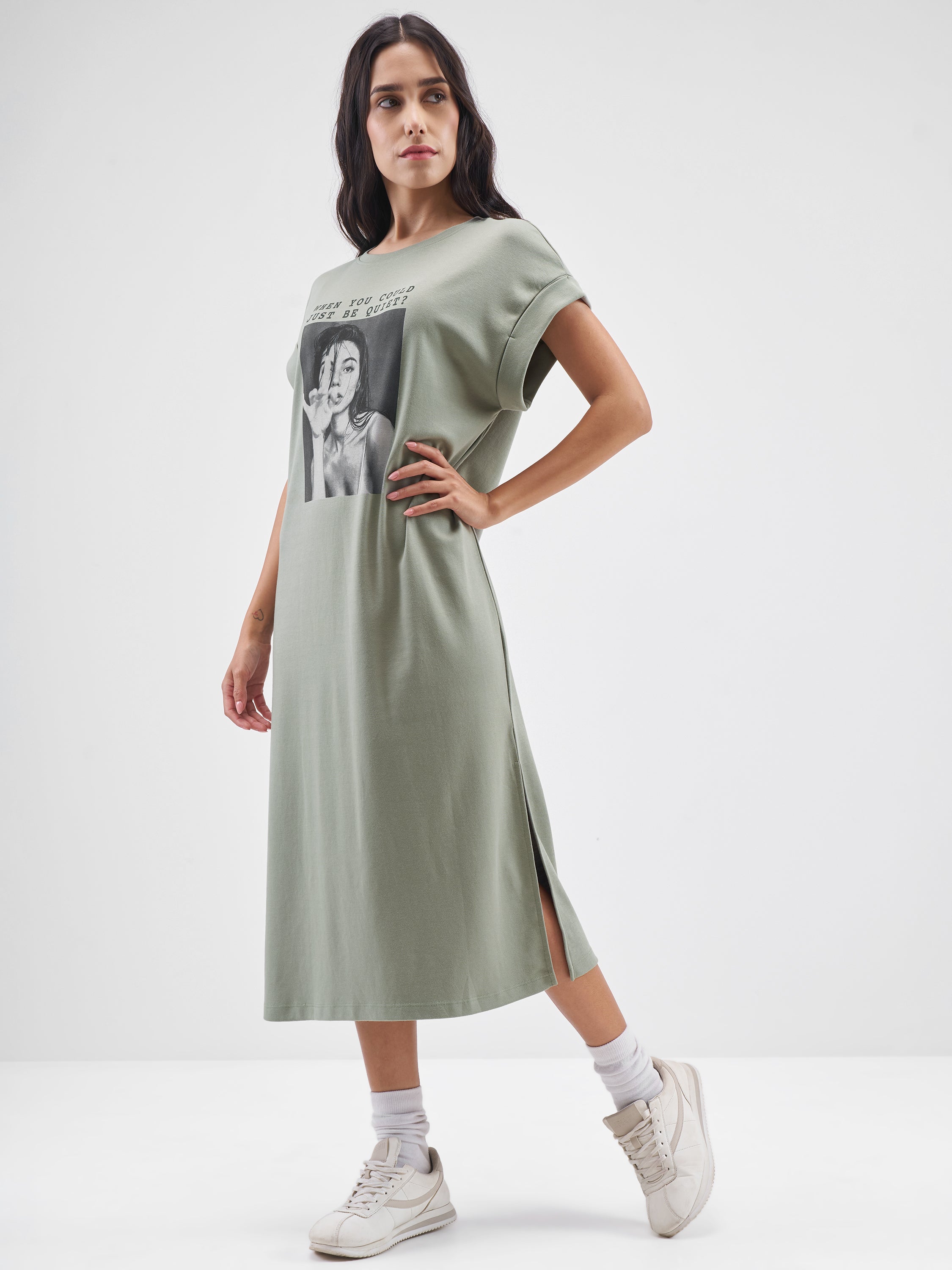 Tokyo Talkies Women Olive Printed T-shirt Dress - Olive - Image 2