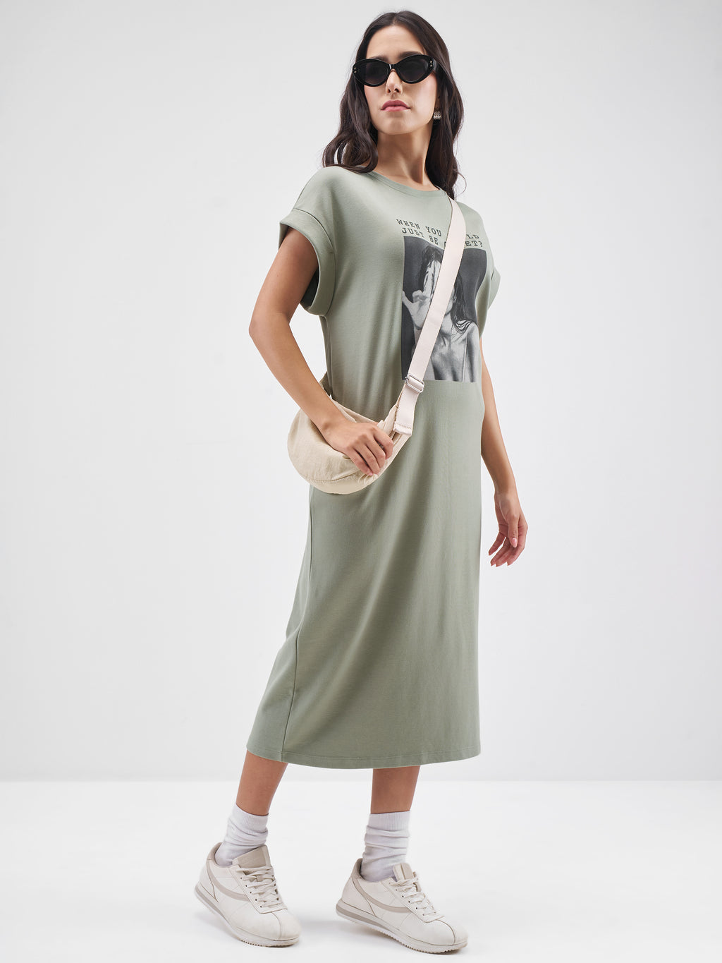 Tokyo Talkies Women Olive Printed T-shirt Dress - Olive - Image 4