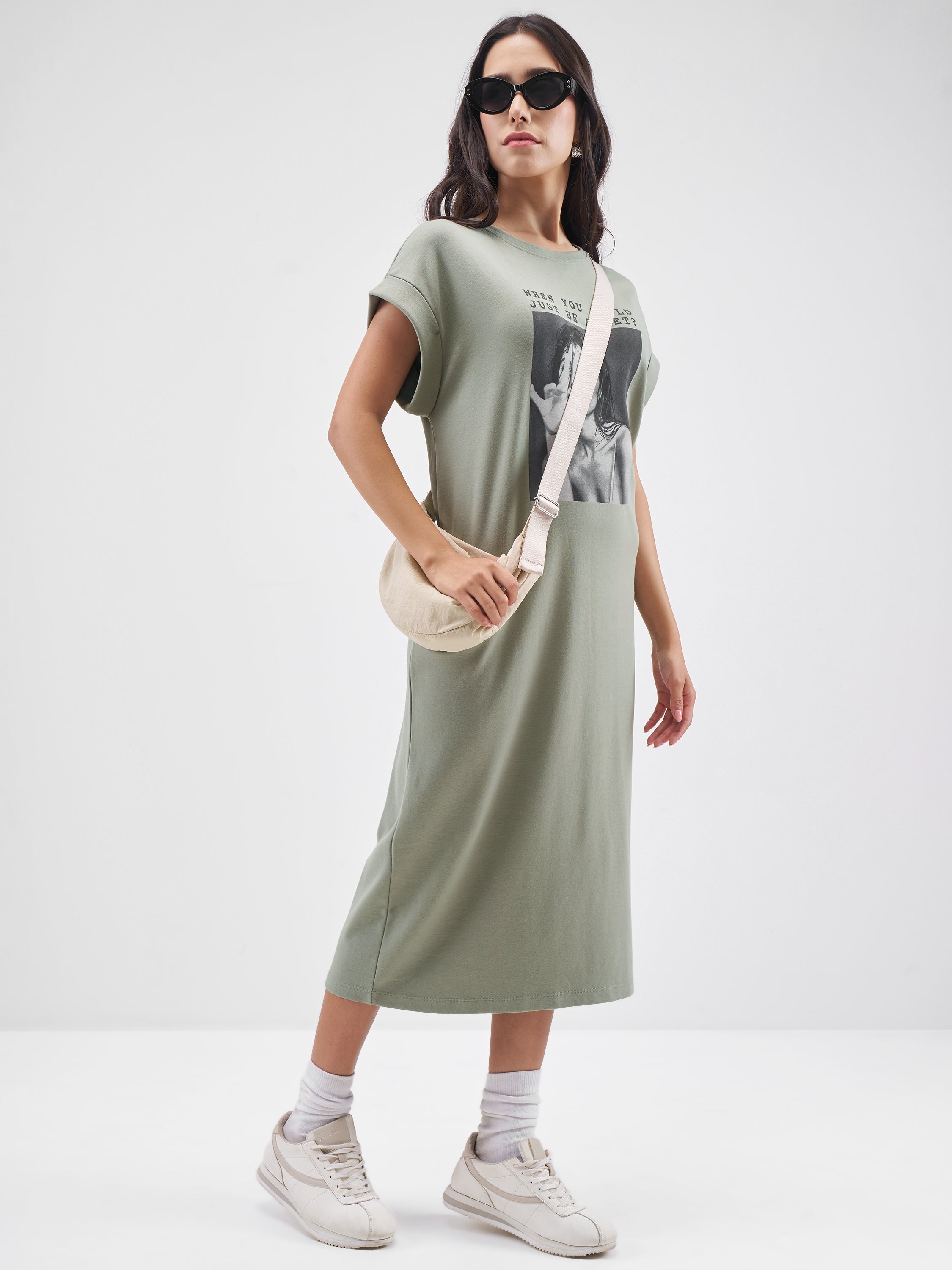 Tokyo Talkies Women Olive Printed T-shirt Dress - Olive - Image 4