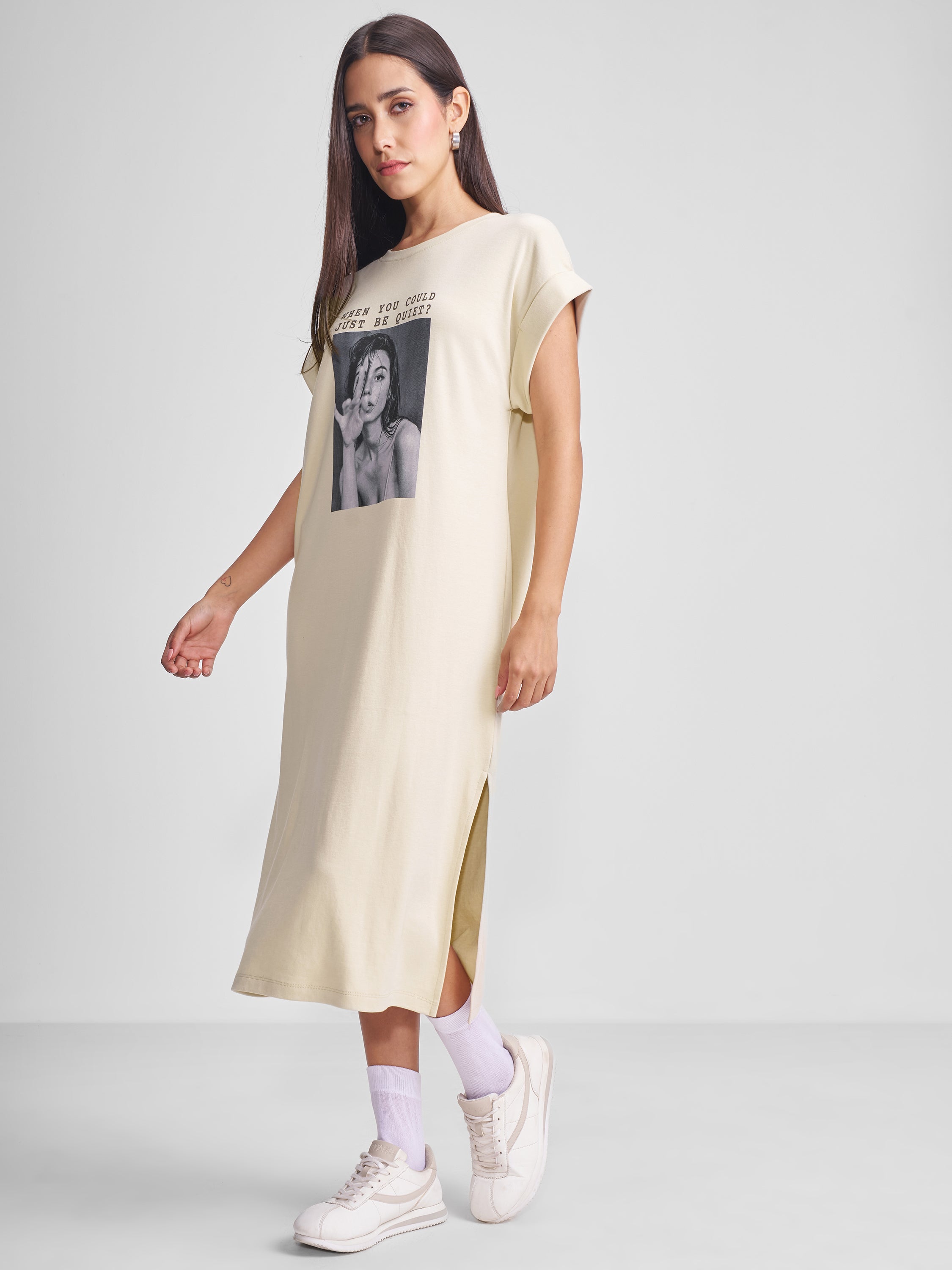 Tokyo Talkies Women Beige Printed T-shirt Dress - Beige - Image 4