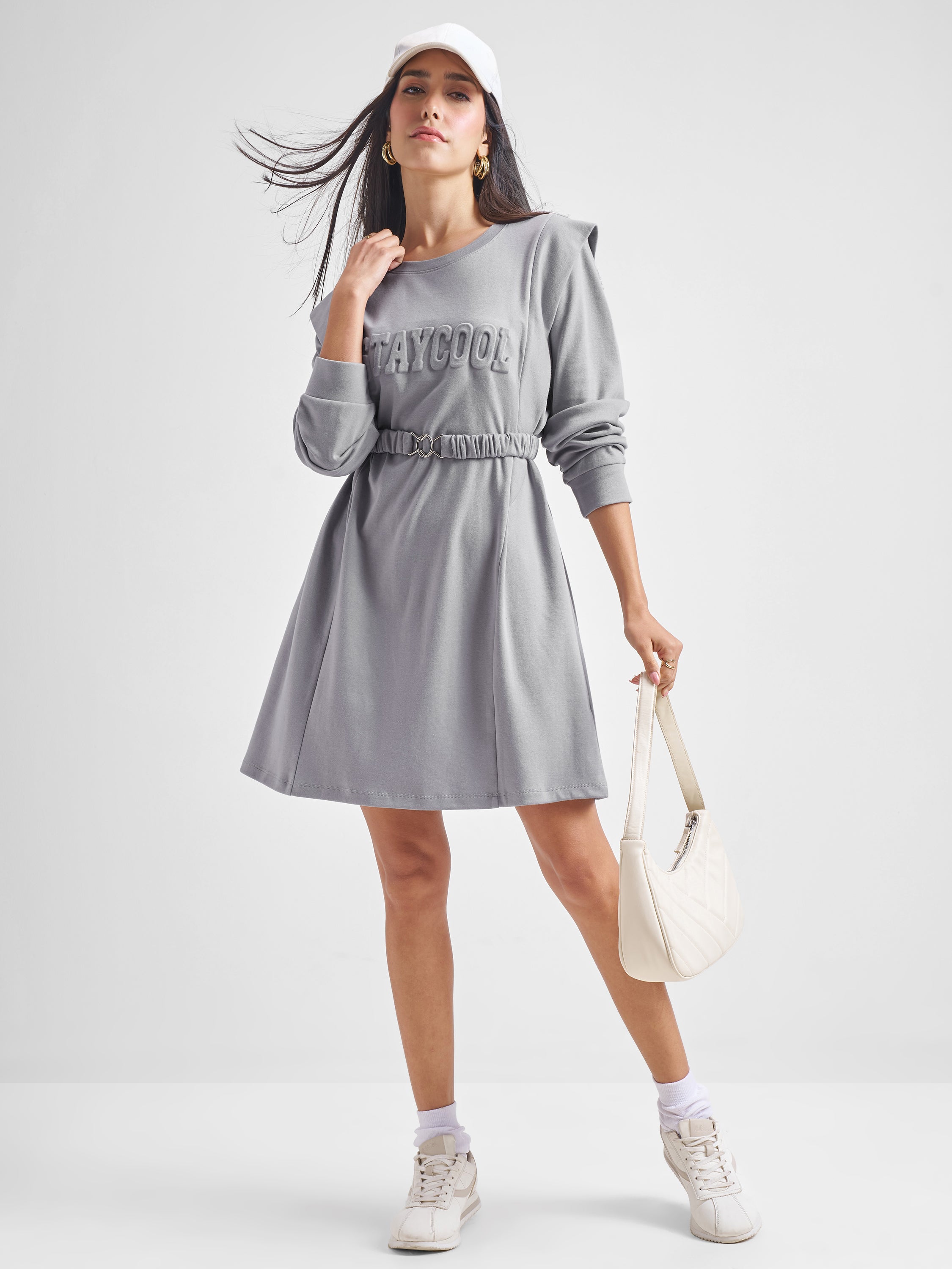 Tokyo Talkies Women Grey Solid Fit and Flare Dress - Grey - Image 2