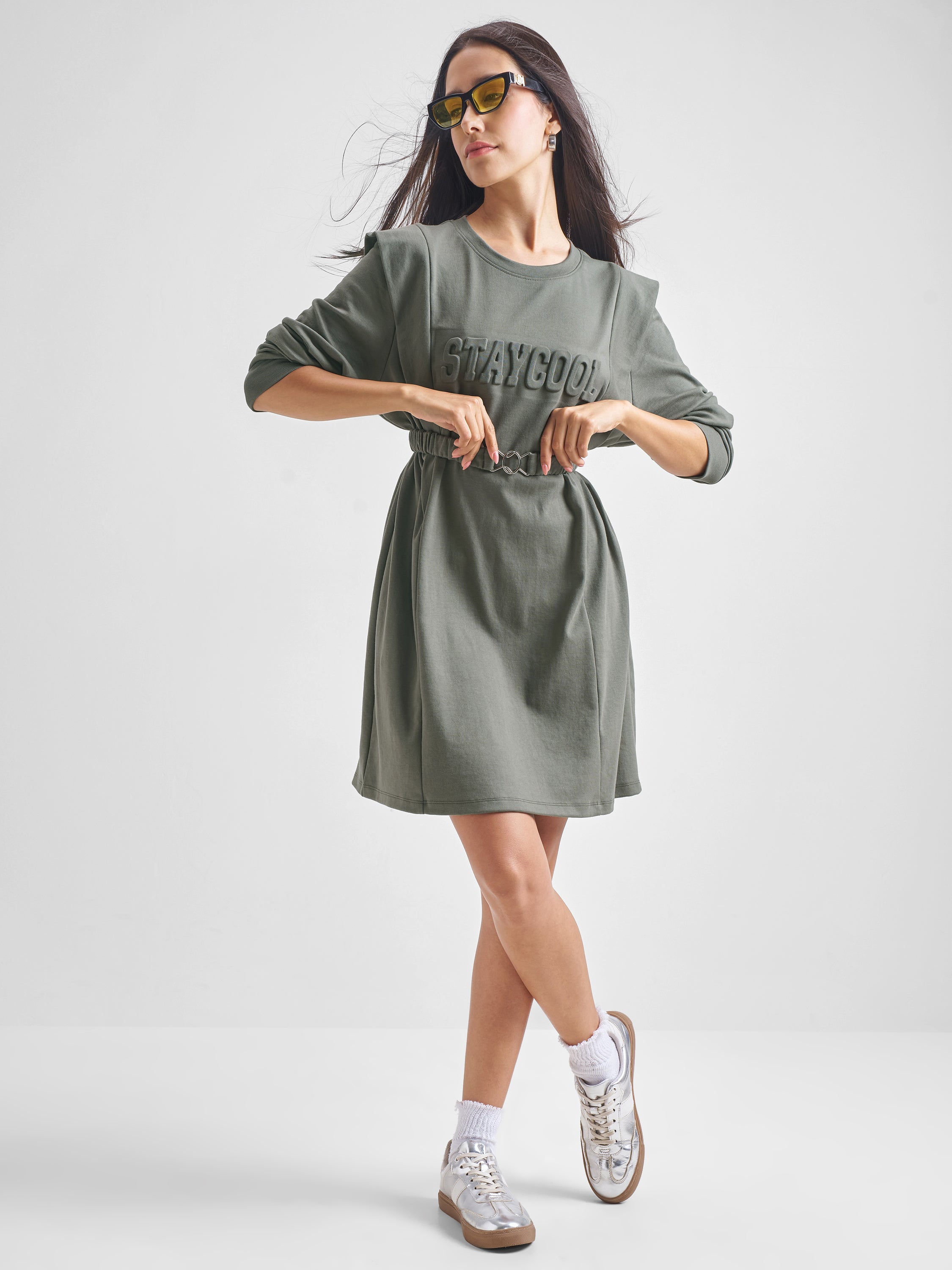 Tokyo Talkies Women Olive Solid Fit and Flare Dress - Olive - Image 2