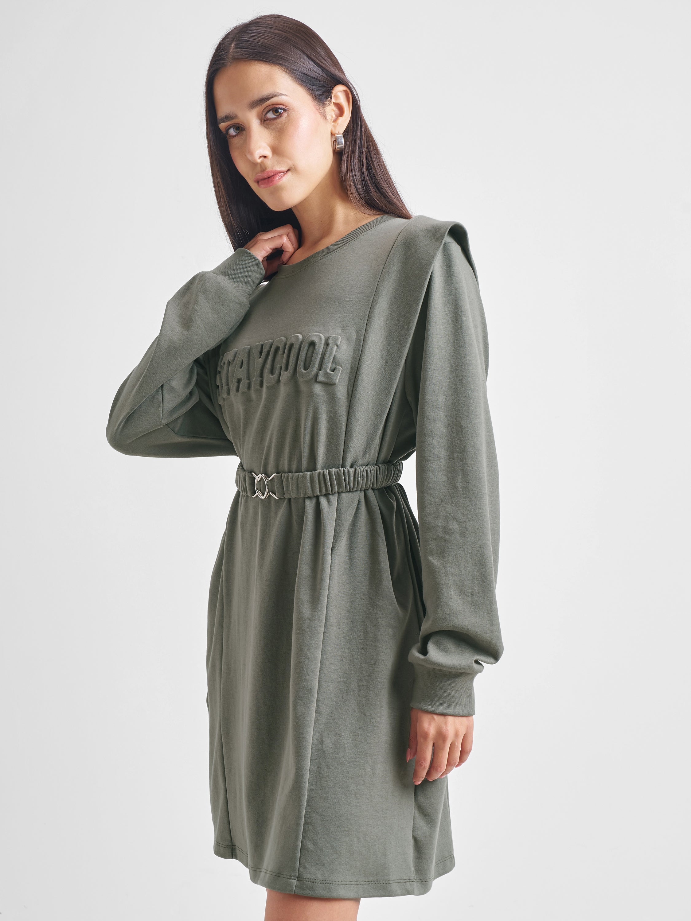 Tokyo Talkies Women Olive Solid Fit and Flare Dress - Olive - Image 4