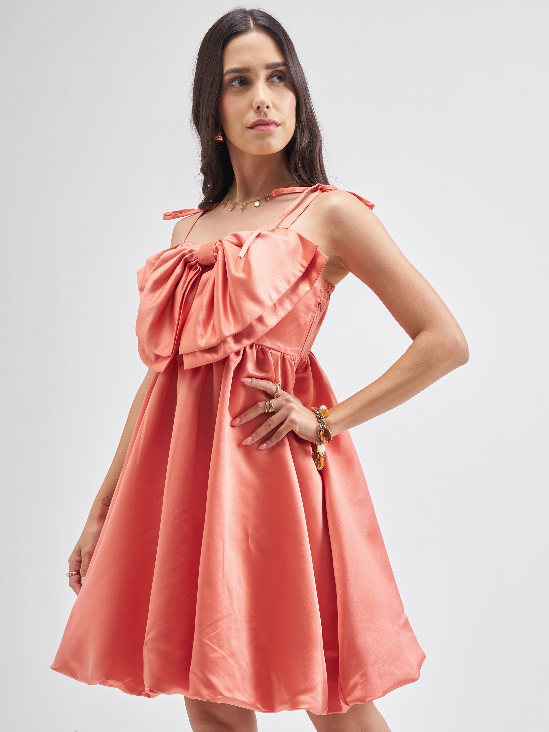 Tokyo Talkies Women Orange Solid Balloon Dress - Orange - Image 4