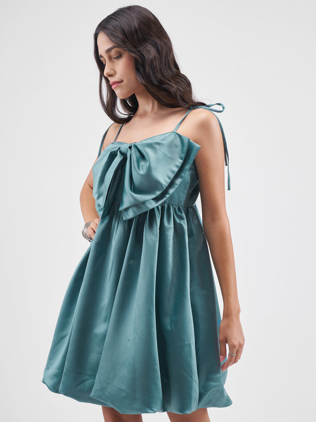 Tokyo Talkies Women Blue Solid Balloon Dress - Blue - Image 4