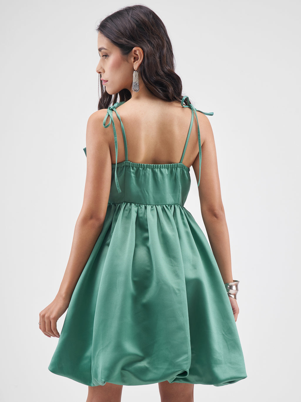 Tokyo Talkies Women Green Solid Balloon Dress - Green - Image 3