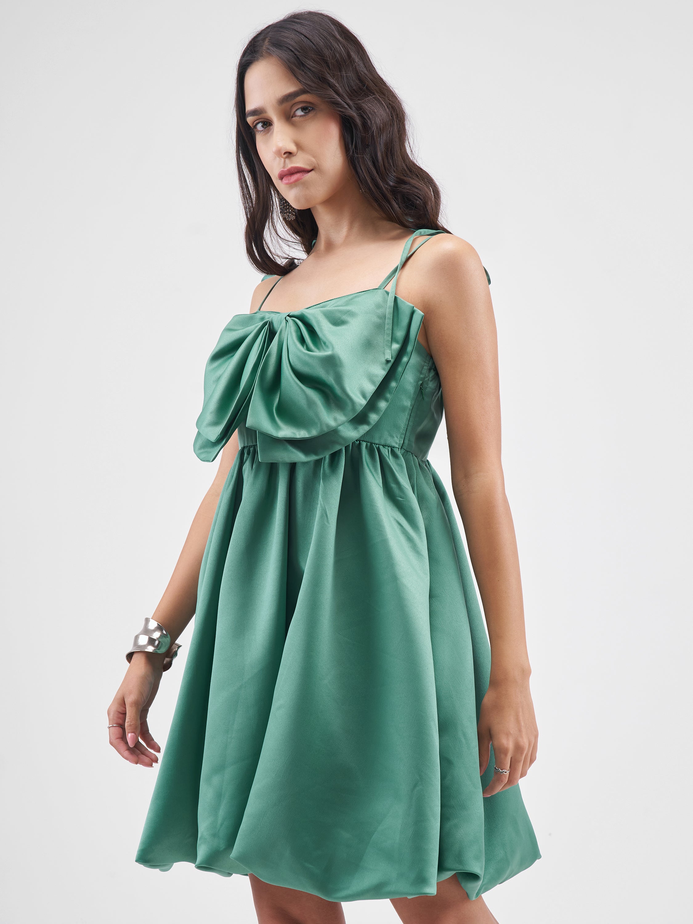 Tokyo Talkies Women Green Solid Balloon Dress - Green - Image 4