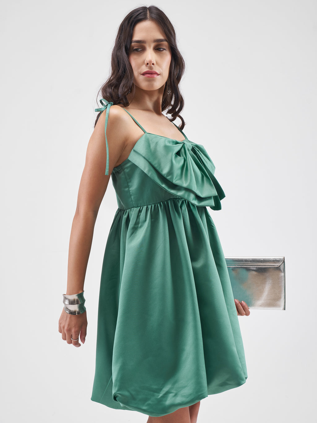 Tokyo Talkies Women Green Solid Balloon Dress - Green - Image 6