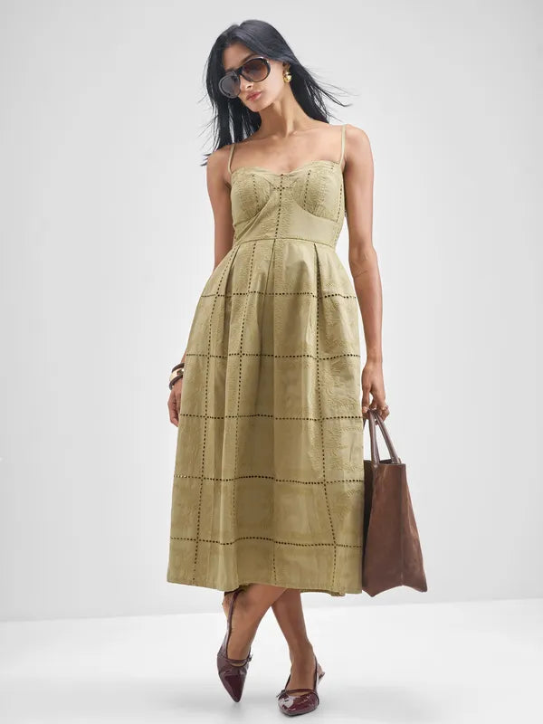 ESPYR By Tokyo Talkies Women Khaki Embroidered Fit and Flare Dress - Khaki - Image 1