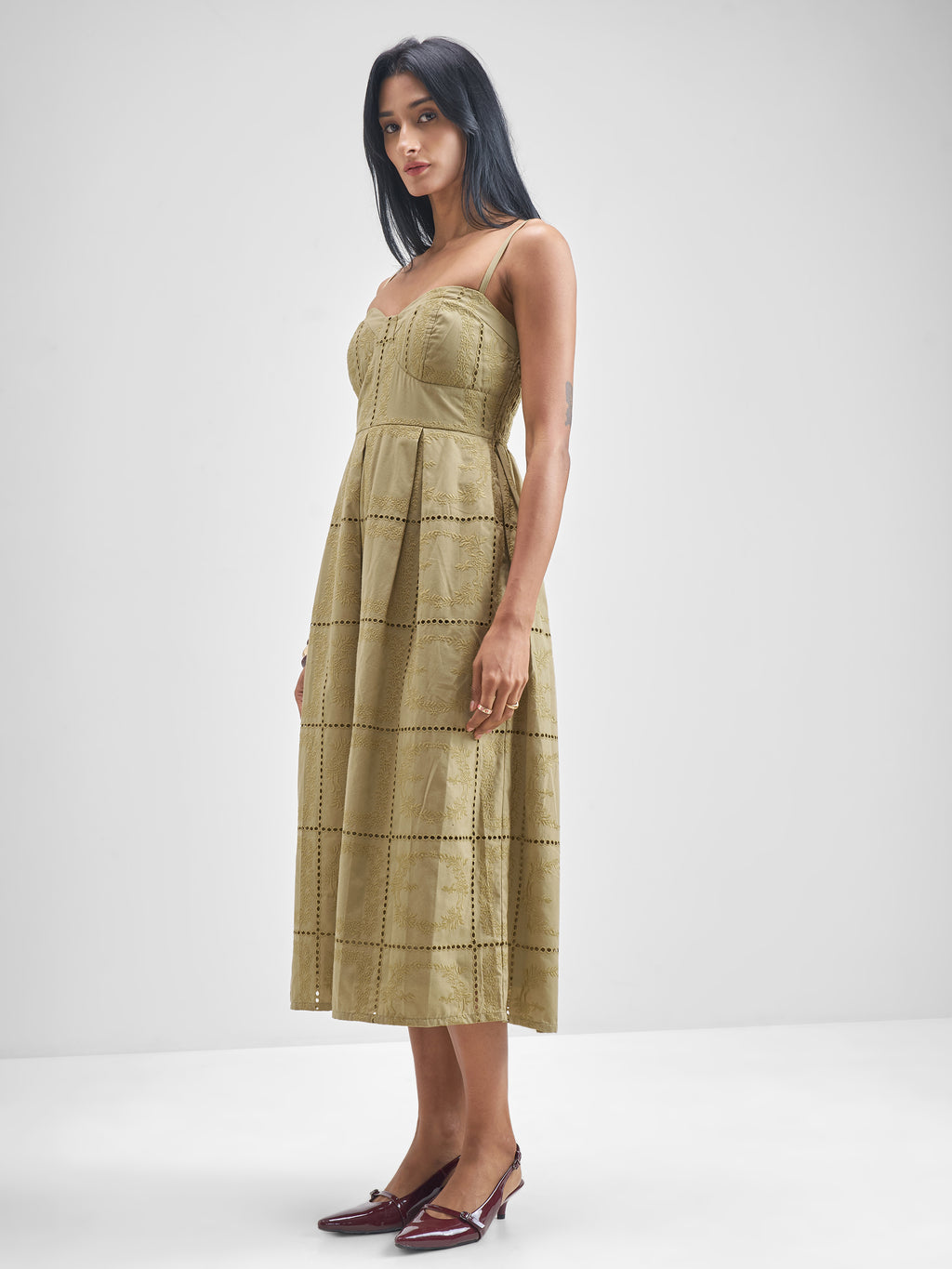 ESPYR By Tokyo Talkies Women Khaki Embroidered Fit and Flare Dress - Khaki - Image 2