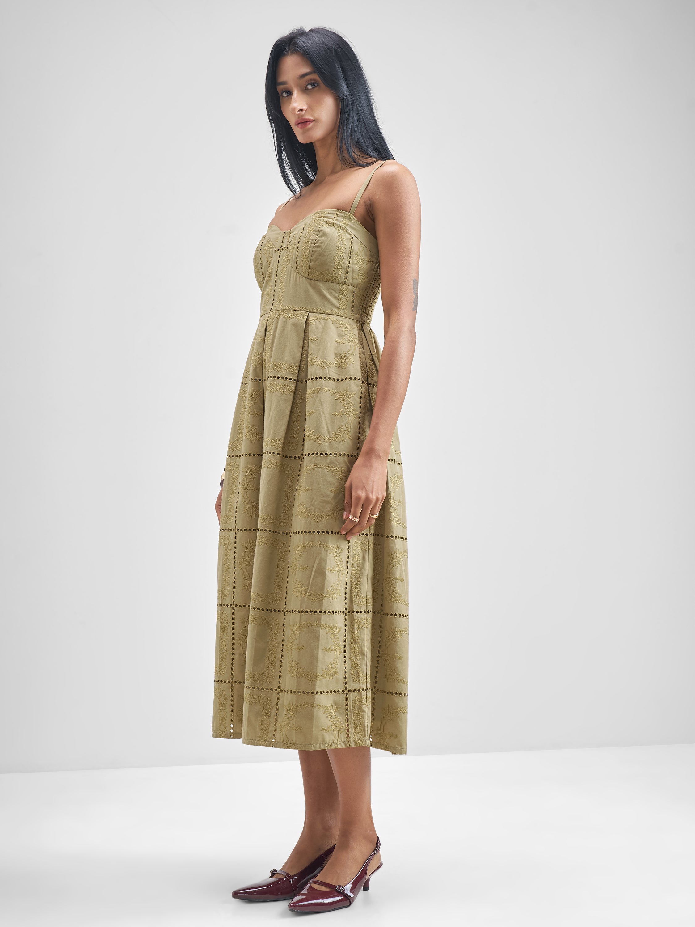ESPYR By Tokyo Talkies Women Khaki Embroidered Fit and Flare Dress - Khaki - Image 2