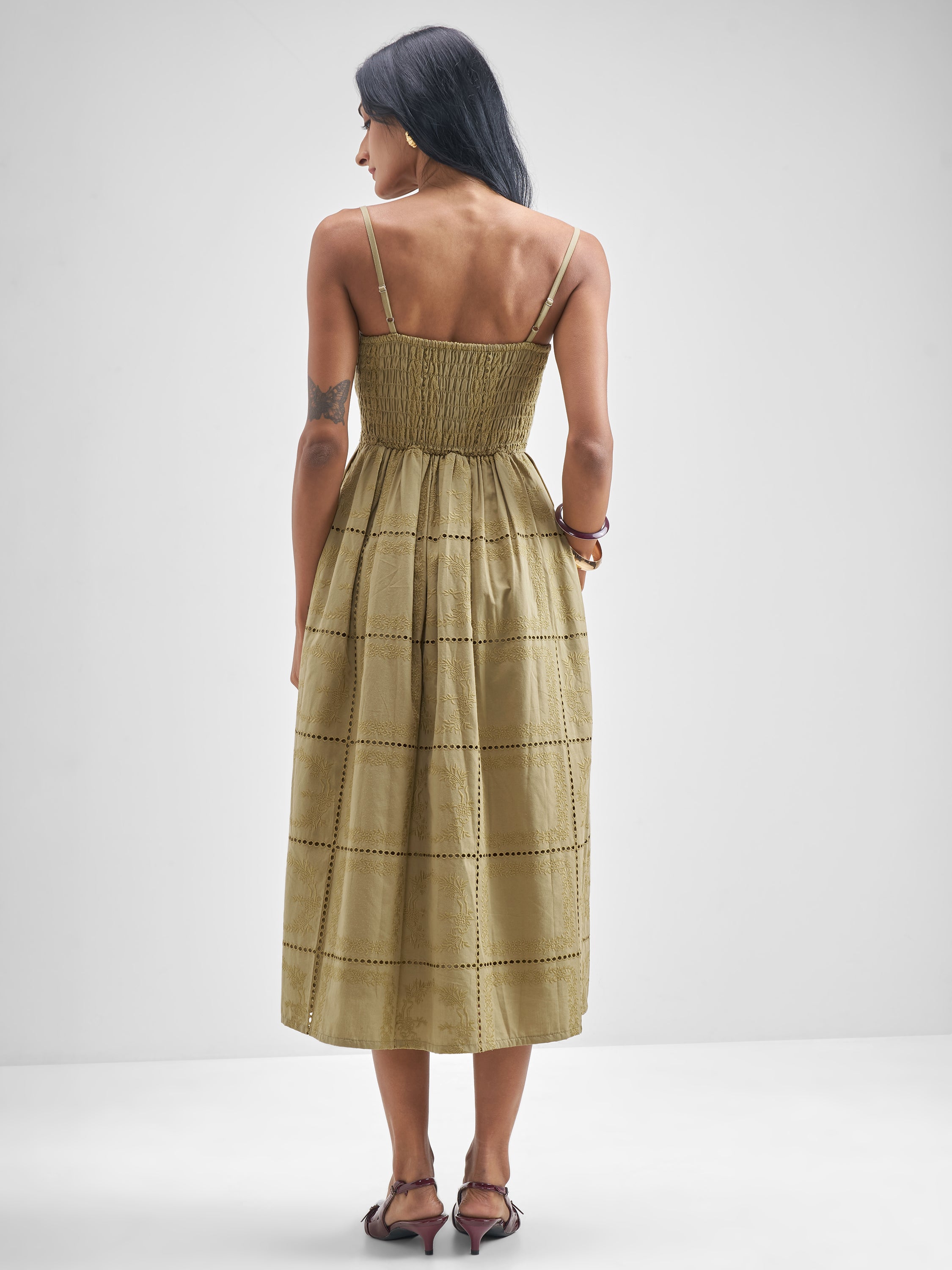 ESPYR By Tokyo Talkies Women Khaki Embroidered Fit and Flare Dress - Khaki - Image 3