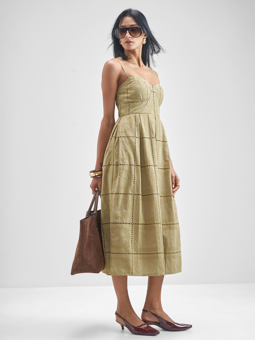 ESPYR By Tokyo Talkies Women Khaki Embroidered Fit and Flare Dress - Khaki - Image 4