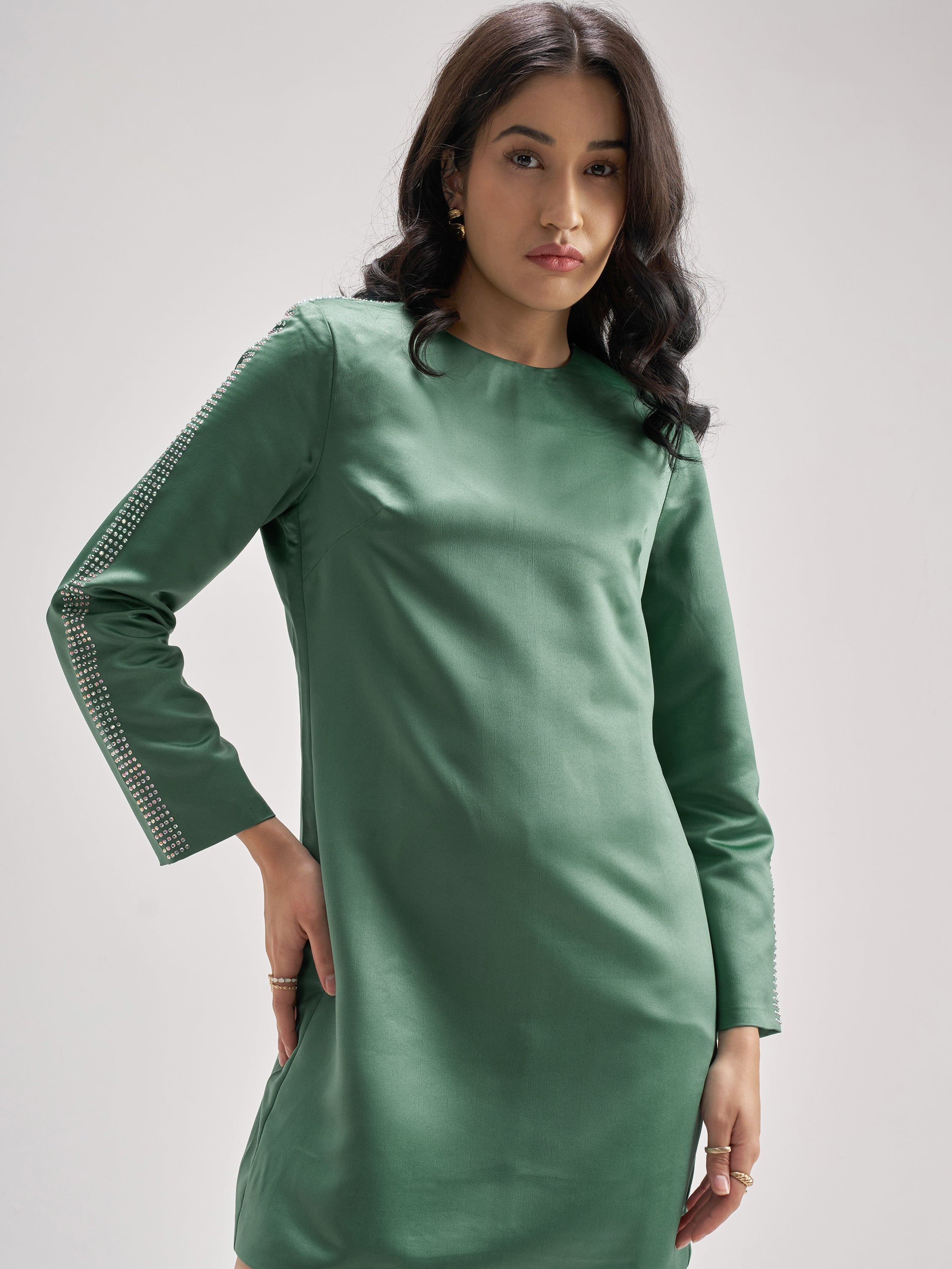 Tokyo Talkies Women Green Solid Sheath Dress - Green - Image 1