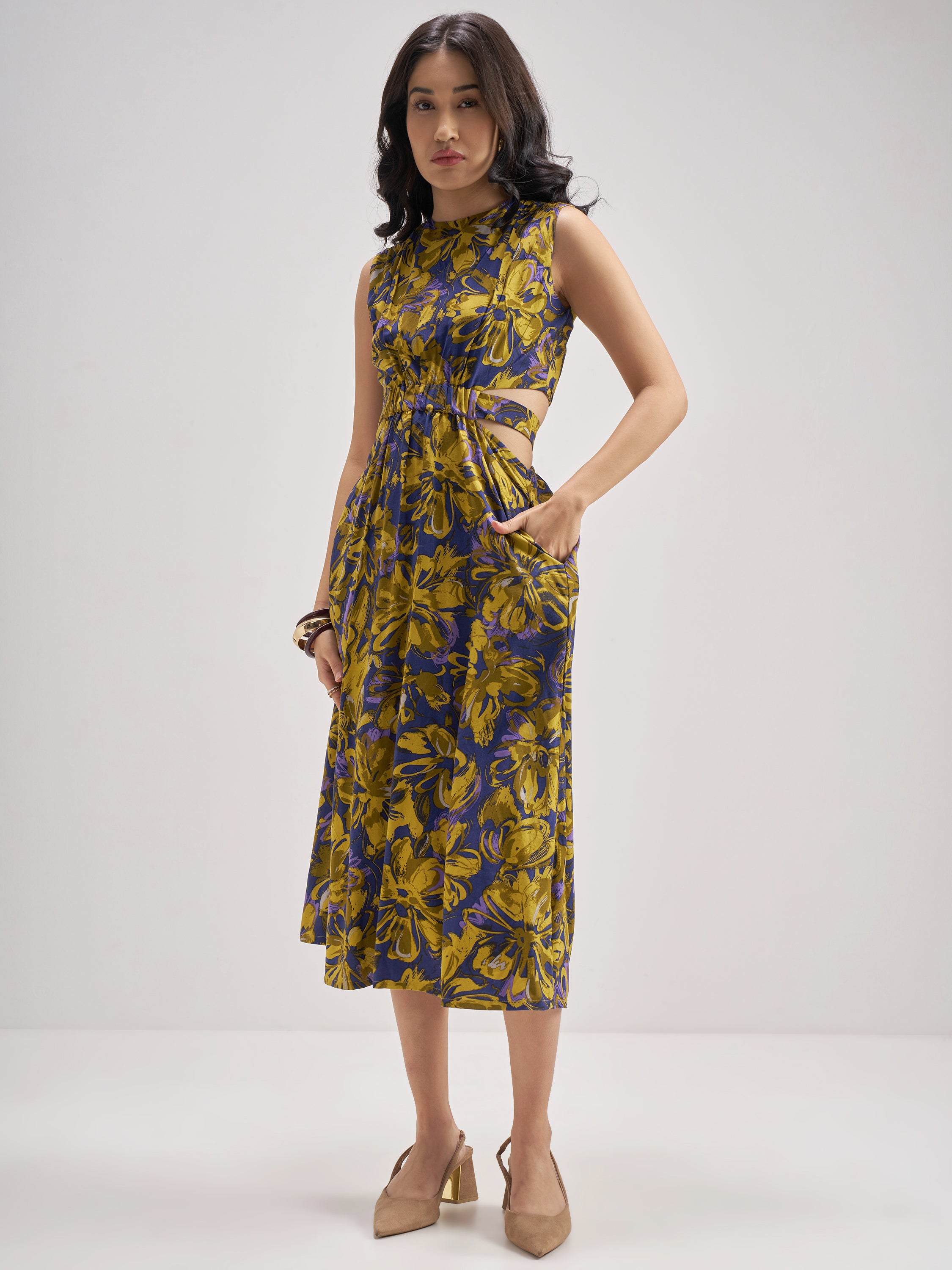 Tokyo Talkies Women Navy Blue Printed Fit and Flare Dress - Navy Blue - Image 2