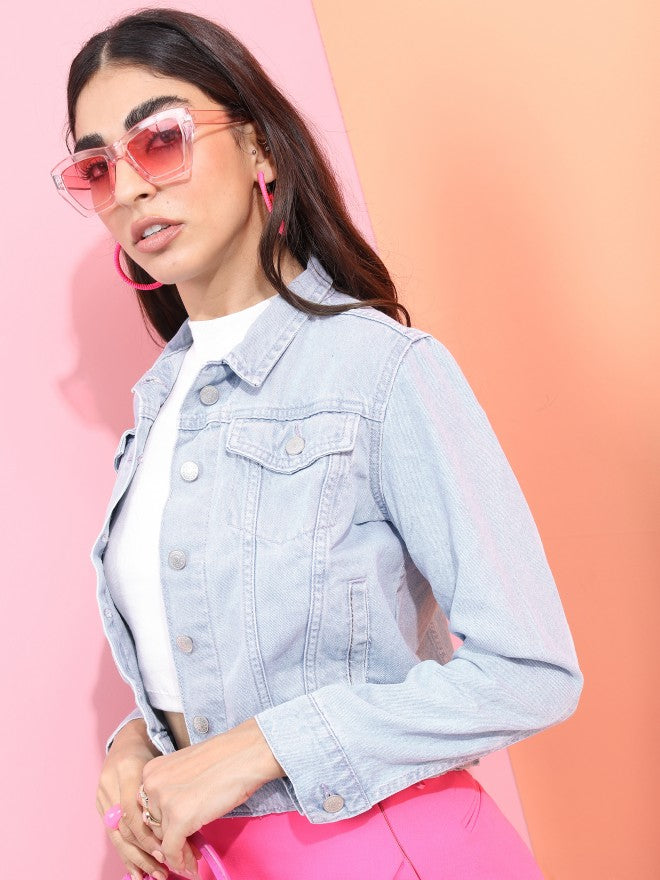 Tokyo Talkies Women Blue Denim Jacket - Blue - Image 4
