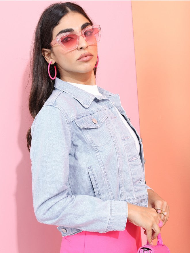 Tokyo Talkies Women Blue Denim Jacket - Blue - Image 6