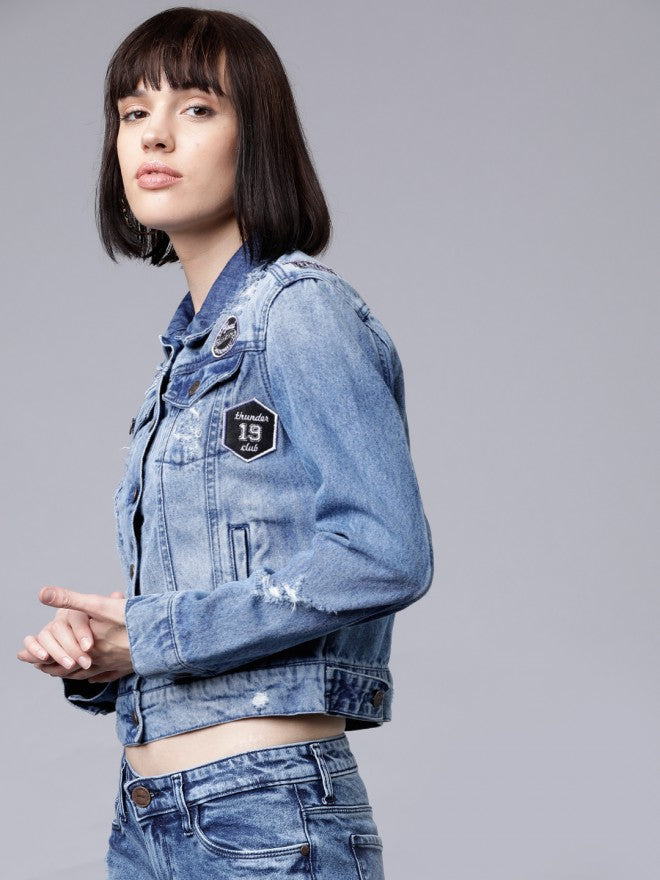 Tokyo Talkies Women Blue Denim Jacket - Blue - Image 4