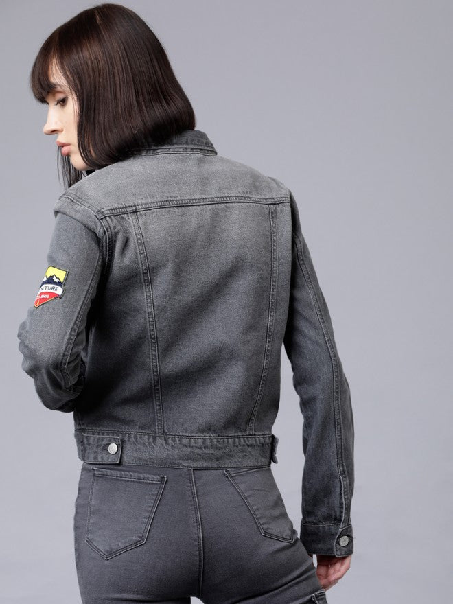 Tokyo Talkies Women Grey Denim Jacket - Grey - Image 3
