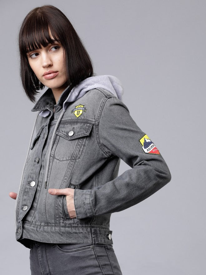 Tokyo Talkies Women Grey Denim Jacket - Grey - Image 4