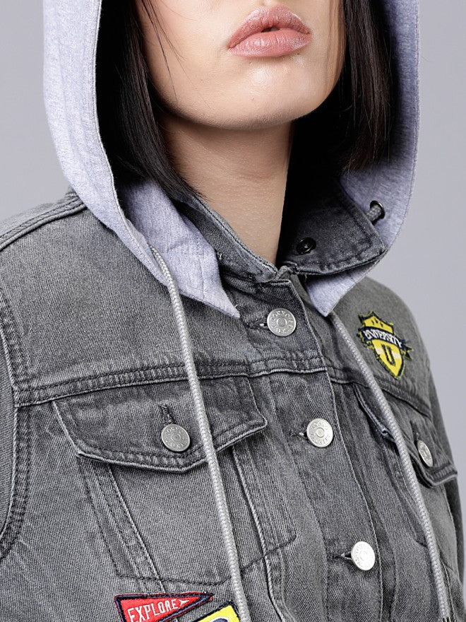 Tokyo Talkies Women Grey Denim Jacket - Grey - Image 5