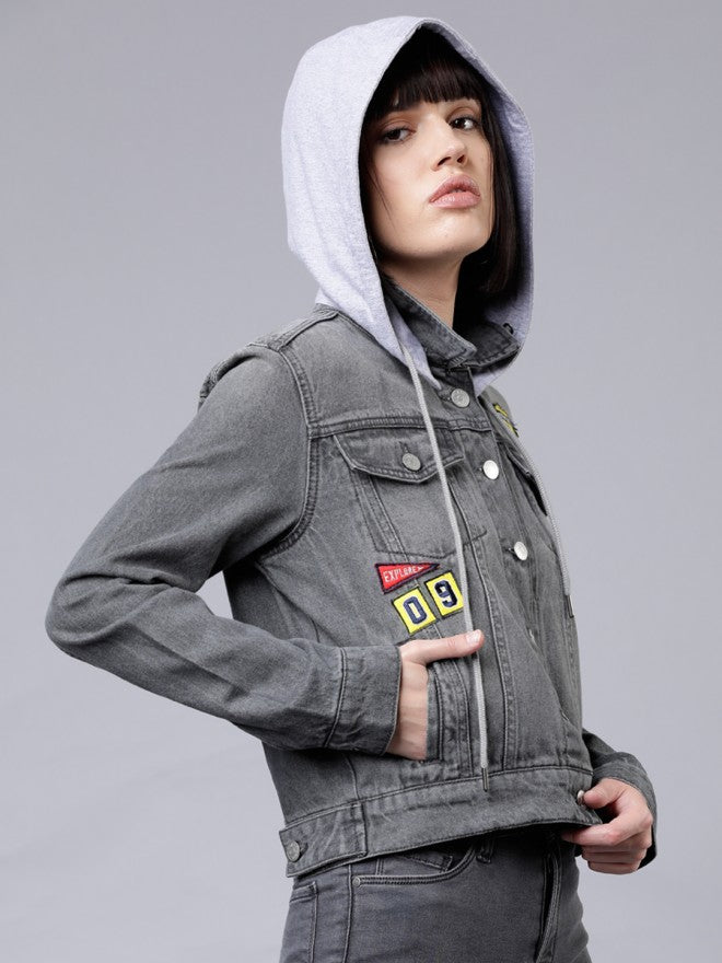 Tokyo Talkies Women Grey Denim Jacket - Grey - Image 6
